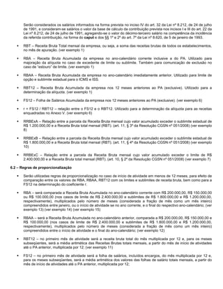 Serão considerados os salários informados na forma prevista no inciso IV do art. 32 da Lei nº 8.212, de 24 de julho
       de 1991, e consideram-se salários o valor da base de cálculo da contribuição prevista nos incisos I e III do art. 22 da
       Lei nº 8.212, de 24 de julho de 1991, agregando-se o valor do décimo-terceiro salário na competência da incidência
       da referida contribuição, na forma do caput e dos §§ 1º e 2º do art. 7º da Lei nº 8.620, de 5 de janeiro de 1993.

       RBT – Receita Bruta Total mensal da empresa, ou seja, a soma das receitas brutas de todos os estabelecimentos,
       no mês de apuração. (ver exemplo 1)

       RBA – Receita Bruta Acumulada da empresa no ano-calendário corrente inclusive a do PA. Utilizado para
       majoração da alíquota no caso de excedente de limite ou sublimite. Também para comunicação de exclusão no
       caso de “estouro” de limite. (ver exemplo 1)

       RBAA – Receita Bruta Acumulada da empresa no ano-calendário imediatamente anterior. Utilizado para limite de
       opção e sublimite estadual para o ICMS e ISS.

       RBT12 – Receita Bruta Acumulada da empresa nos 12 meses anteriores ao PA (exclusive). Utilizado para a
       determinação da alíquota. (ver exemplo 1)

       FS12 – Folha de Salários Acumulada da empresa nos 12 meses anteriores ao PA (exclusive). (ver exemplo 6)

       r = FS12 / RBT12 – relação entre o FS12 e o RBT12. Utilizado para a determinação da alíquota para as receitas
       enquadradas no Anexo V. (ver exemplo 6)

       RRBExA – Relação entre a parcela da Receita Bruta mensal cujo valor acumulado exceder o sublimite estadual de
       R$ 1.200.000,00 e a Receita Bruta total mensal (RBT). (art. 11, § 3º da Resolução CGSN nº 051/2008) (ver exemplo
       8)

       RRBExB – Relação entre a parcela da Receita Bruta mensal cujo valor acumulado exceder o sublimite estadual de
       R$ 1.800.000,00 e a Receita Bruta total mensal (RBT). (art. 11, § 4º da Resolução CGSN nº 051/2008) (ver exemplo
       10)

       RRBExC – Relação entre a parcela da Receita Bruta mensal cujo valor acumulado exceder o limite de R$
       2.400.000,00 e a Receita Bruta total mensal (RBT). (art. 10, § 2º da Resolução CGSN nº 051/2008) (ver exemplo 7)

6.2 – Regras de proporcionalização

       Serão utilizadas regras de proporcionalização no caso de início de atividade em menos de 12 meses, para efeito de
       comparação entre os valores de RBA, RBAA, RBT12 com os limites e sublimites de receita bruta, bem como para a
       FS12 na determinação do coeficiente r.

       RBA – será comparada a Receita Bruta Acumulada no ano-calendário corrente com R$ 200.000,00, R$ 150.000,00
       ou R$ 100.000,00 (nos casos de limite de R$ 2.400.000,00 e sublimites de R$ 1.800.000,00 e R$ 1.200.000,00,
       respectivamente), multiplicados pelo número de meses (considerada a fração de mês como um mês inteiro)
       compreendidos entre janeiro, ou o início de atividade se no ano corrente, e o final do respectivo ano-calendário; (ver
       exemplo 13) (ver exemplo 14) (ver exemplo 15)

       RBAA – será a Receita Bruta Acumulada no ano-calendário anterior, comparada a R$ 200.000,00, R$ 150.000,00 e
       R$ 100.000,00 (nos casos de limite de R$ 2.400.000,00 e sublimites de R$ 1.800.000,00 e R$ 1.200.000,00,
       respectivamente), multiplicados pelo número de meses (considerada a fração de mês como um mês inteiro)
       compreendidos entre o início de atividade e o final do ano-calendário; (ver exemplo 12)

       RBT12 – no primeiro mês de atividade será a receita bruta total do mês multiplicada por 12 e, para os meses
       subseqüentes, será a média aritmética das Receitas Brutas totais mensais, a partir do mês de início de atividades
       até o PA anterior, multiplicada por 12; (ver exemplo 11)

       FS12 – no primeiro mês de atividade será a folha de salários, incluídos encargos, do mês multiplicada por 12 e,
       para os meses subseqüentes, será a média aritmética dos valores das folhas de salário totais mensais, a partir do
       mês de início de atividades até o PA anterior, multiplicada por 12;
 