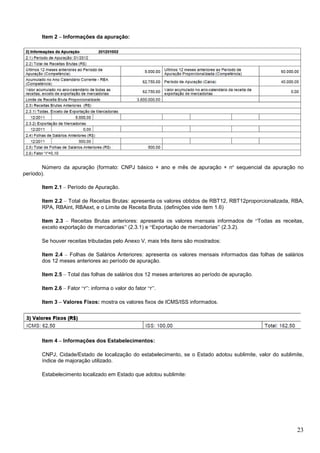 Item 2 – Informações da apuração:

Número da apuração (formato: CNPJ básico + ano e mês de apuração + nº sequencial da apuração no
período).
Item 2.1 – Período de Apuração.
Item 2.2 – Total de Receitas Brutas: apresenta os valores obtidos de RBT12, RBT12proporcionalizada, RBA,
RPA, RBAint, RBAext, e o Limite de Receita Bruta. (definições vide item 1.6)
Item 2.3 – Receitas Brutas anteriores: apresenta os valores mensais informados de “Todas as receitas,
exceto exportação de mercadorias” (2.3.1) e “Exportação de mercadorias” (2.3.2).
Se houver receitas tributadas pelo Anexo V, mais três itens são mostrados:
Item 2.4 – Folhas de Salários Anteriores: apresenta os valores mensais informados das folhas de salários
dos 12 meses anteriores ao período de apuração.
Item 2.5 – Total das folhas de salários dos 12 meses anteriores ao período de apuração.
Item 2.6 – Fator “r”: informa o valor do fator “r”.
Item 3 – Valores Fixos: mostra os valores fixos de ICMS/ISS informados.

Item 4 – Informações dos Estabelecimentos:
CNPJ, Cidade/Estado de localização do estabelecimento, se o Estado adotou sublimite, valor do sublimite,
índice de majoração utilizado.
Estabelecimento localizado em Estado que adotou sublimite:

23

 