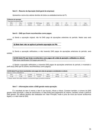 Item 5 – Resumo da Apuração (total geral da empresa):
Apresenta a soma dos valores devidos de todos os estabelecimentos da PJ.

Item 6 – DAS que foram reconhecidos como pagos:
a) Sendo a apuração original, não há DAS pago de apurações anteriores do período. Neste caso será
exibido:

b) Sendo a apuração retificadora, e não havendo DAS pagos de apurações anteriores do período, será
exibido:

c) Sendo a apuração retificadora, e havendo DAS pagos de apurações anteriores do período, é mostrado o
perfil do(s) DAS que foi (foram) reconhecido(s) como pago(s):

Item 7 – Informações sobre o DAS gerado nesta apuração:
É o resultado do item 5 menos o item 6 (se houver), tributo a tributo. Constam também o número do DAS
gerado nesta apuração, a data de vencimento e a data limite para pagamento do mesmo, também consta o perfil do
DAS gerado. Os valores devidos são totalizados em Valor Principal, multa e juros de mora (se houver acréscimos
legais), e o valor total do DAS.

26

 