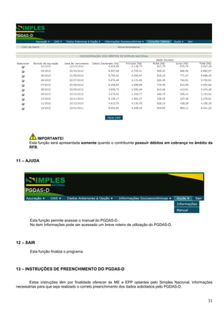 IMPORTANTE!
Esta função será apresentada somente quando o contribuinte possuir débitos em cobrança no âmbito da
RFB.

11 – AJUDA

Esta função permite acessar o manual do PGDAS-D.
No item Informações pode ser acessado um breve roteiro de utilização do PGDAS-D.

12 – SAIR
Esta função finaliza o programa.

13 – INSTRUÇÕES DE PREENCHIMENTO DO PGDAS-D
Estas instruções têm por finalidade oferecer às ME e EPP optantes pelo Simples Nacional, informações
necessárias para que seja realizado o correto preenchimento dos dados solicitados pelo PGDAS-D.

31

 