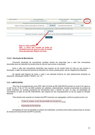 Este é o valor da RPA.
Obs.: a soma das receitas de todas as
atividades deve ser igual ao valor de receita
bruta apurada pelo Regime de Caixa.

13.2.2 – Devolução de Mercadorias
Ocorrendo devolução de mercadorias vendidas deverá ser observado que o valor das mercadorias
devolvidas deve ser deduzido da receita bruta do mês em que ocorreu a devolução.
Caso o valor das mercadorias devolvidas seja superior ao da receita bruta do mês em que ocorreu a
devolução, o saldo remanescente deverá ser deduzido nos meses subsequentes, até ser integralmente deduzido.
Se optante pelo Regime de Caixa, o valor a ser deduzido limita-se ao valor efetivamente devolvido ao
adquirente. (Resolução CGSN nº 94/2011, art. 17)

13.3 – LIMITE EXTRA
Para fins de enquadramento como EPP, além do limite de R$ 3.600.000,00 previsto no inciso II do caput ou
no §2º do art. 3º da LC 123, de 2006, poderão ser auferidas, adicionalmente, receitas provenientes do produto da
venda (indústria) ou revenda (comércio) de mercadorias para o exterior do país, ou seja, de exportação de
mercadorias no valor de até R$ 3.600.000,00, sem prejuízo do seu enquadramento ou da sua opção ao Simples
Nacional.
Para atender este requisito as receitas das EPP’s precisam ser segregadas, conforme quadros acima, em:
-

e em
.

Na hipótese de início de atividade no próprio ano-calendário, os limites acima serão proporcionais ao número
de meses de funcionamento da EPP no período.

35

 