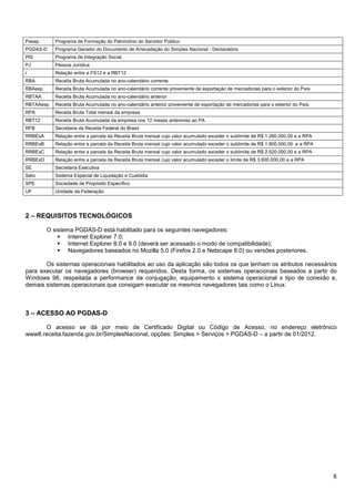 Pasep

Programa de Formação do Patrimônio do Servidor Público

PGDAS-D

Programa Gerador do Documento de Arrecadação do Simples Nacional - Declaratório

PIS

Programa de Integração Social

PJ

Pessoa Jurídica

r

Relação entre a FS12 e a RBT12

RBA

Receita Bruta Acumulada no ano-calendário corrente

RBAexp

Receita Bruta Acumulada no ano-calendário corrente proveniente de exportação de mercadorias para o exterior do País

RBTAA

Receita Bruta Acumulada no ano-calendário anterior

RBTAAexp

Receita Bruta Acumulada no ano-calendário anterior proveniente de exportação de mercadorias para o exterior do País

RPA

Receita Bruta Total mensal da empresa

RBT12

Receita Bruta Acumulada da empresa nos 12 meses anteriores ao PA

RFB

Secretaria da Receita Federal do Brasil

RRBExA

Relação entre a parcela da Receita Bruta mensal cujo valor acumulado exceder o sublimite de R$ 1.260.000,00 e a RPA

RRBExB

Relação entre a parcela da Receita Bruta mensal cujo valor acumulado exceder o sublimite de R$ 1.800.000,00 e a RPA

RRBExC

Relação entre a parcela da Receita Bruta mensal cujo valor acumulado exceder o sublimite de R$ 2.520.000,00 e a RPA

RRBExD

Relação entre a parcela da Receita Bruta mensal cujo valor acumulado exceder o limite de R$ 3.600.000,00 e a RPA

SE

Secretaria Executiva

Selic

Sistema Especial de Liquidação e Custódia

SPE

Sociedade de Propósito Específico

UF

Unidade da Federação

2 – REQUISITOS TECNOLÓGICOS
O sistema PGDAS-D está habilitado para os seguintes navegadores:
Internet Explorer 7.0;
Internet Explorer 8.0 e 9.0 (deverá ser acessado o modo de compatibilidade);
Navegadores baseados no Mozilla 5.0 (Firefox 2.0 e Netscape 8.0) ou versões posteriores.
Os sistemas operacionais habilitados ao uso da aplicação são todos os que tenham os atributos necessários
para executar os navegadores (browser) requeridos. Desta forma, os sistemas operacionais baseados a partir do
Windows 98, respeitada a performance da conjugação, equipamento x sistema operacional x tipo de conexão e,
demais sistemas operacionais que consigam executar os mesmos navegadores tais como o Linux.

3 – ACESSO AO PGDAS-D
O acesso se dá por meio de Certificado Digital ou Código de Acesso, no endereço eletrônico
www8.receita.fazenda.gov.br/SimplesNacional, opções: Simples > Serviços > PGDAS-D – a partir de 01/2012.

8

 