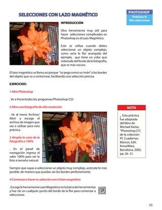 25
PHOTOSHOP
Práctica 4:
Más selecciones
SELECCIONES CON LAZO MAGNÉTICO
INTRODUCCIÓN
Otra herramienta muy útil para
hacer selecciones complicadas en
Photoshop es el Lazo Magnético.
Este se utiliza cuando debes
seleccionar un objeto complejo,
como sería la flor anarajada del
ejemplo, que tiene un color que
sobresaledelfondodelafotografía,
que es más oscuro.
El lazo magnético se llama así porque “se pega como un imán”a los bordes
del objeto que va a contornear, facilitando una selección precisa.
EJERCICIOS:	
1 Abre Photoshop
. Ve a Inicio/todos los programas/Photoshop CS5
2 Abre una fotografía de alta resolución
. Ve al menú Archivo/
Abrir y escoge el
archivo de imagen que
vas a utilizar para esta
práctica.
3 Amplía la vista de la
fotografía a 100%
. En el pánel de
navegación ingresa el
valor 100% para ver la
foto a tamaño natural.
Siempre que vayas a seleccionar un objeto muy complejo, acércate lo más
posible, de manera que puedas ver los bordes perfectamente.
4 Comienza a hacer tu selección con el lazo magnético
.EscogelaherramientaLazoMagnéticoenlabarradeherramientas
y haz clic en cualquier punto del borde de la flor para comenzar a
seleccionar.
NOTA
• Esta práctica
fue adaptada
del libro de
Michael Karbo
“Photoshop CS”,
de la colección
PC Cuadernos
Básicos, Edit.
KnowWare,
Barcelona, 2005,
pp. 26- 31.
 