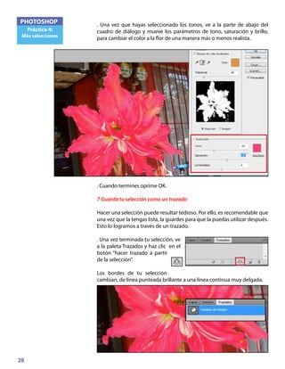 28
PHOTOSHOP
Práctica 4:
Más selecciones
. Una vez que hayas seleccionado los tonos, ve a la parte de abajo del
cuadro de diálogo y mueve los parámetros de tono, saturación y brillo,
para cambiar el color a la flor de una manera más o menos realista.
. Cuando termines oprime OK.
7 Guarda tu selección como un trazado
Hacer una selección puede resultar tedioso. Por ello, es recomendable que
una vez que la tengas lista, la guardes para que la puedas utilizar después.
Esto lo logramos a través de un trazado.
. Una vez terminada tu selección, ve
a la paleta Trazados y haz clic en el
botón “hacer trazado a partir
de la selección”.
Los bordes de tu selección
cambian, de línea punteada brillante a una línea continua muy delgada.
 
