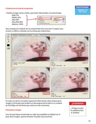 75
PHOTOSHOP
Práctica 13:
Web y Video
6 Selecciona el nivel de compresión
. Puedes escoger varios niveles, que están relacionados con porcentajes.
	 . Bajo12%
	 . Medio 30%
	 . Alto 60%
	 . Muy Alto 80%
	 . Máximo 100%
Para comparar la original con la comprimida entra a la vista“4 copias”, pon
el zoom a 200% y muévete con la manita por toda la foto.
En cada uno de los recuadros aparecerá información sobre el peso de la
imagen y el tiempo que tardaría en descargarse de la web en un módem
de 56.6 Kbps (el más lento que existe en este momento).
6 Guarda tu imagen
Una vez que hayas encontrado un valor que equilibre la calidad con el
peso de la imagen, oprime el botón“Guardar”para terminar.
¡¡CUIDADO!!
• Si bajas mucho
la calidad la foto
se“pixelea”.
 
