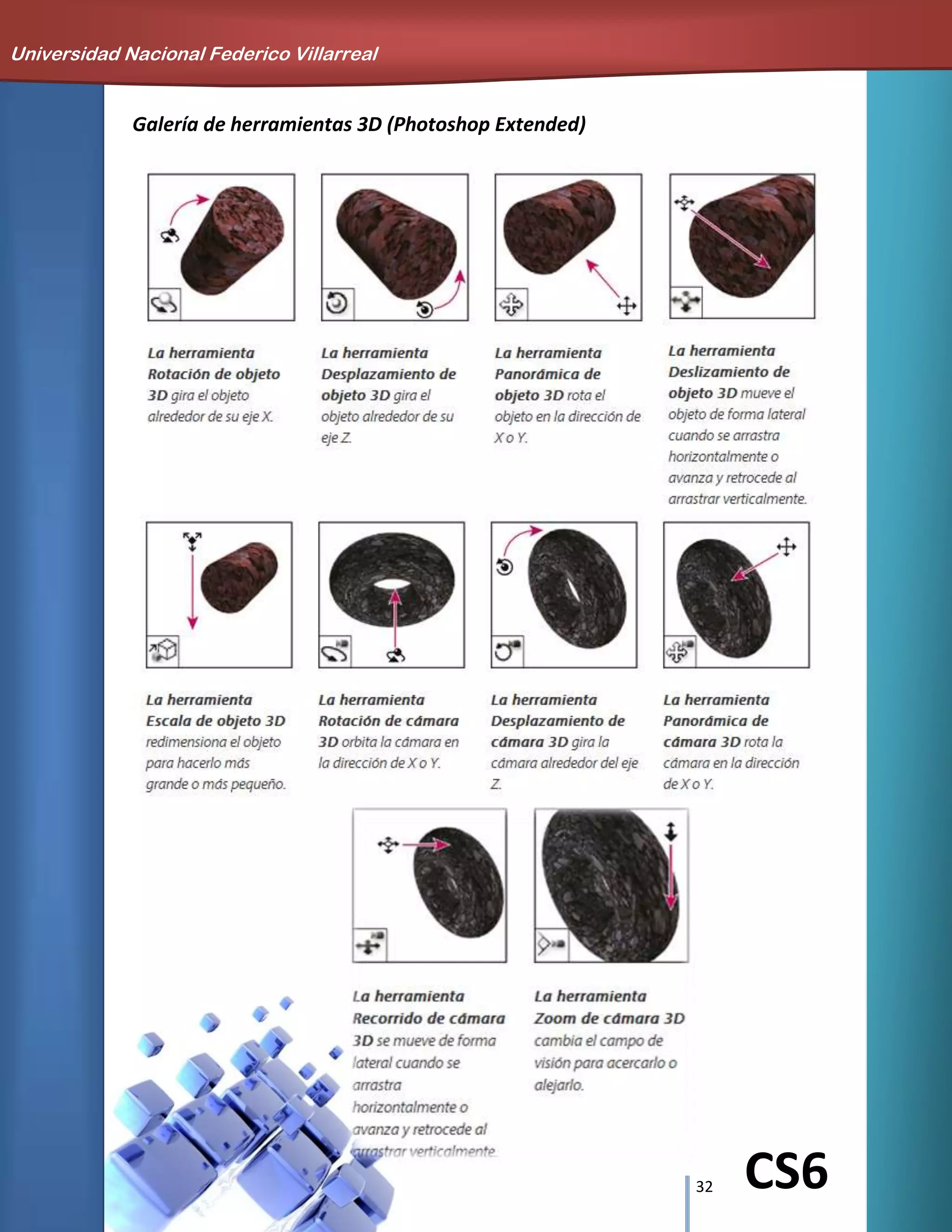 32 CS6
Galería de herramientas 3D (Photoshop Extended)
Universidad Nacional Federico Villarreal
 