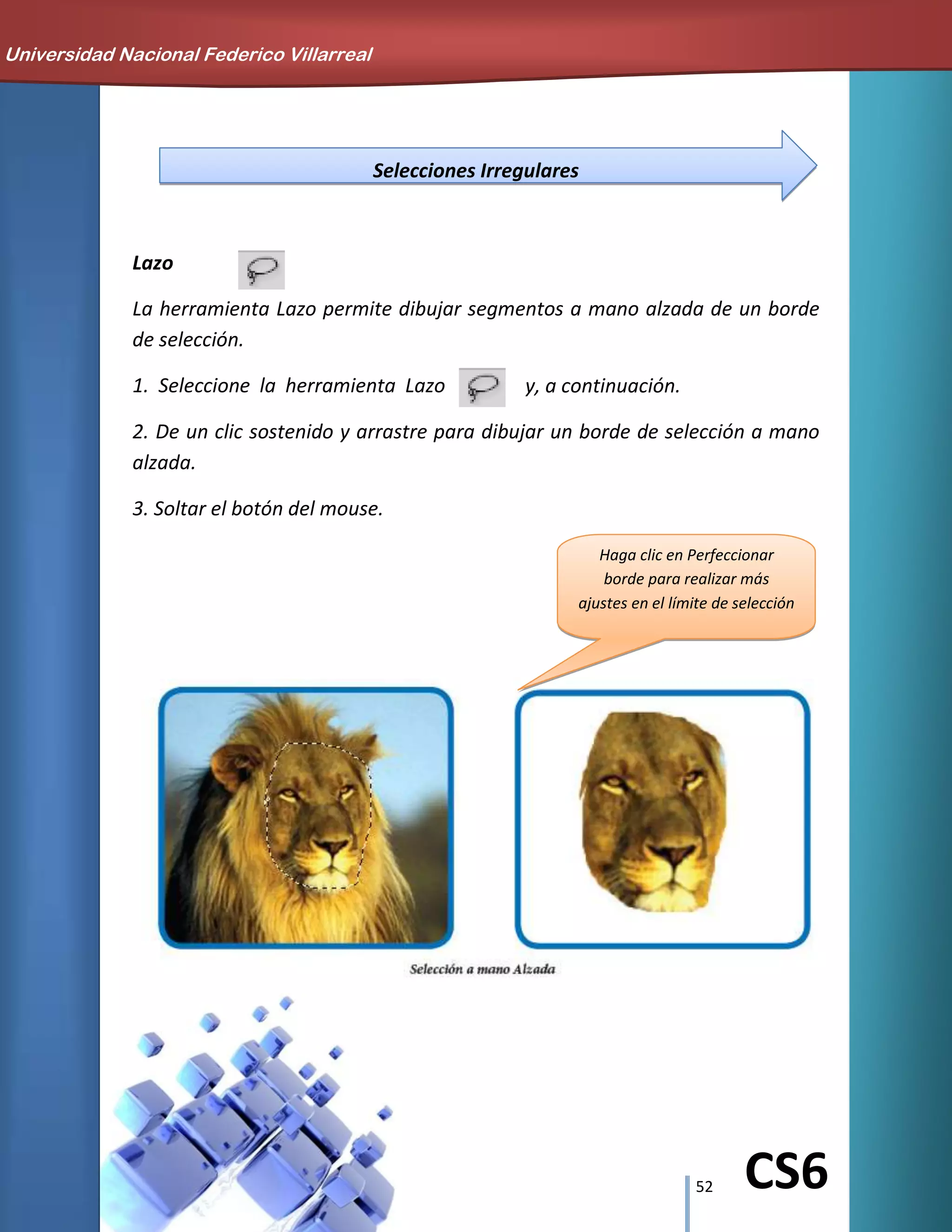 52 CS6
Selecciones Irregulares
Lazo
La herramienta Lazo permite dibujar segmentos a mano alzada de un borde
de selección.
1. Seleccione la herramienta Lazo y, a continuación.
2. De un clic sostenido y arrastre para dibujar un borde de selección a mano
alzada.
3. Soltar el botón del mouse.
Haga clic en Perfeccionar
borde para realizar más
ajustes en el límite de selección
Universidad Nacional Federico Villarreal
 