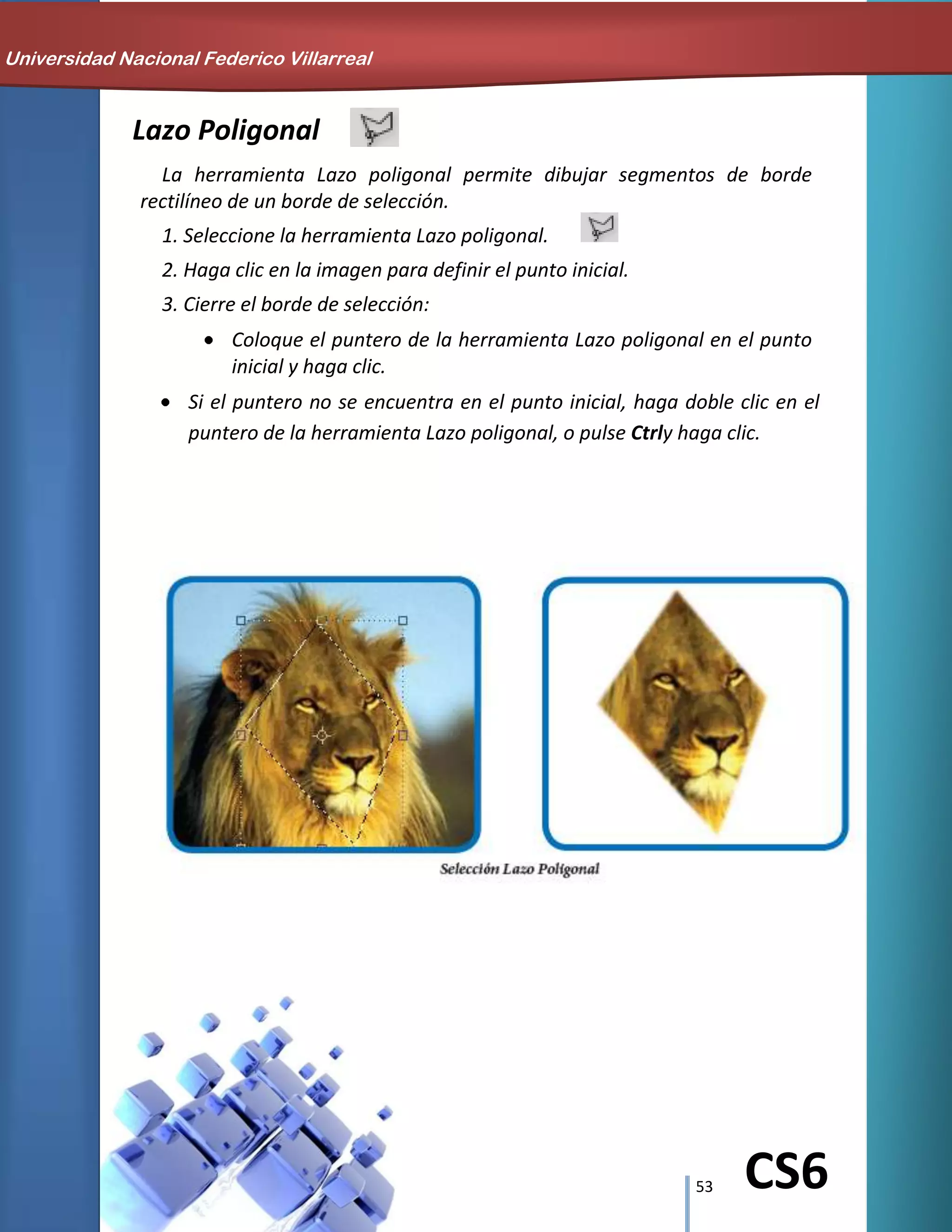 53 CS6
Lazo Poligonal
La herramienta Lazo poligonal permite dibujar segmentos de borde
rectilíneo de un borde de selección.
1. Seleccione la herramienta Lazo poligonal.
2. Haga clic en la imagen para definir el punto inicial.
3. Cierre el borde de selección:
Coloque el puntero de la herramienta Lazo poligonal en el punto
inicial y haga clic.
Si el puntero no se encuentra en el punto inicial, haga doble clic en el
puntero de la herramienta Lazo poligonal, o pulse Ctrly haga clic.
Universidad Nacional Federico Villarreal
 