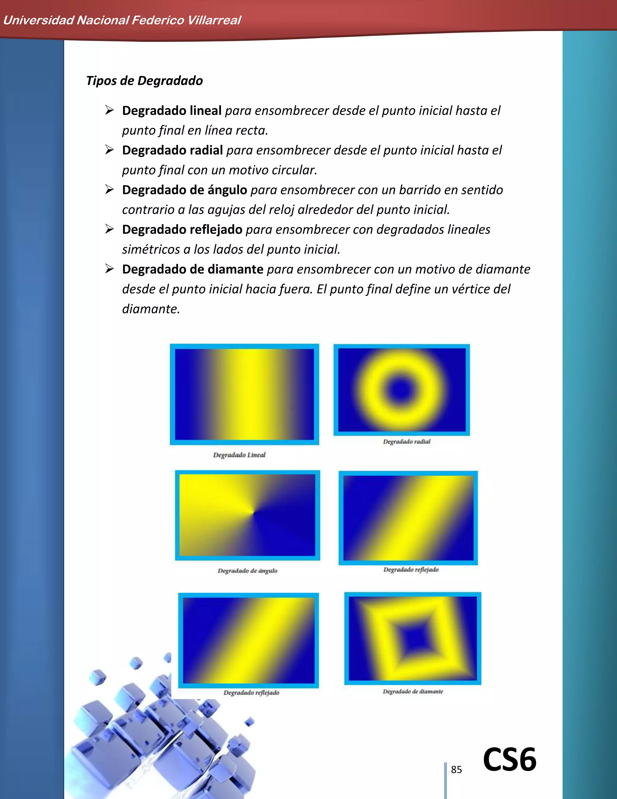 85 CS6
Tipos de Degradado
 Degradado lineal para ensombrecer desde el punto inicial hasta el
punto final en línea recta.
 Degradado radial para ensombrecer desde el punto inicial hasta el
punto final con un motivo circular.
 Degradado de ángulo para ensombrecer con un barrido en sentido
contrario a las agujas del reloj alrededor del punto inicial.
 Degradado reflejado para ensombrecer con degradados lineales
simétricos a los lados del punto inicial.
 Degradado de diamante para ensombrecer con un motivo de diamante
desde el punto inicial hacia fuera. El punto final define un vértice del
diamante.
Universidad Nacional Federico Villarreal
 
