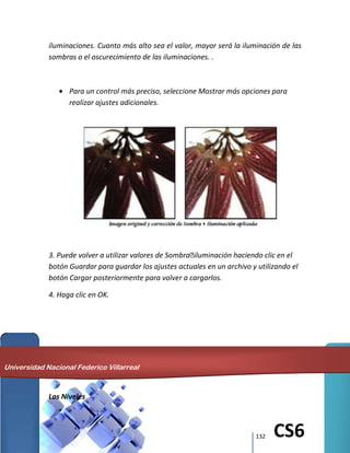 132 CS6
iluminaciones. Cuanto más alto sea el valor, mayor será la iluminación de las
sombras o el oscurecimiento de las iluminaciones. .
Para un control más preciso, seleccione Mostrar más opciones para
realizar ajustes adicionales.
3. Puede volver a utilizar valores de Sombrailuminación haciendo clic en el
botón Guardar para guardar los ajustes actuales en un archivo y utilizando el
botón Cargar posteriormente para volver a cargarlos.
4. Haga clic en OK.
Los Niveles
Universidad Nacional Federico Villarreal
 