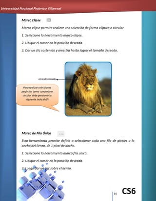 50 CS6
Marco Elipse
Marco elipse permite realizar una selección de forma elíptica o circular.
1. Seleccione la herramienta marco elipse.
2. Ubique el cursor en la posición deseada.
3. Dar un clic sostenido y arrastra hasta lograr el tamaño deseado.
Marco de Fila Única
Esta herramienta permite definir o seleccionar toda una fila de pixeles a lo
ancho del lienzo, de 1 píxel de ancho.
1. Seleccione la herramienta marco fila única.
2. Ubique el cursor en la posición deseada.
3. Luego dar un clic sobre el lienzo.
Para realizar selecciones
perfectas como cuadrada o
circular debe presionar la
siguiente tecla:shilft
Universidad Nacional Federico Villarreal
 