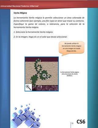 55 CS6
Varita Mágica
La herramienta Varita mágica le permite seleccionar un área coloreada de
forma coherente (por ejemplo, una flor roja) sin tener que trazar su contorno.
Especifique la gama de colores, o tolerancia, para la selección de la
herramienta Varita mágica.
1. Seleccione la herramienta Varita mágica.
2. En la imagen, haga clic en el color que desea seleccionar.
No puede utilizar la
herramienta Varita mágica
en una imagen en modo
Mapa de bits.
Universidad Nacional Federico Villarreal
 