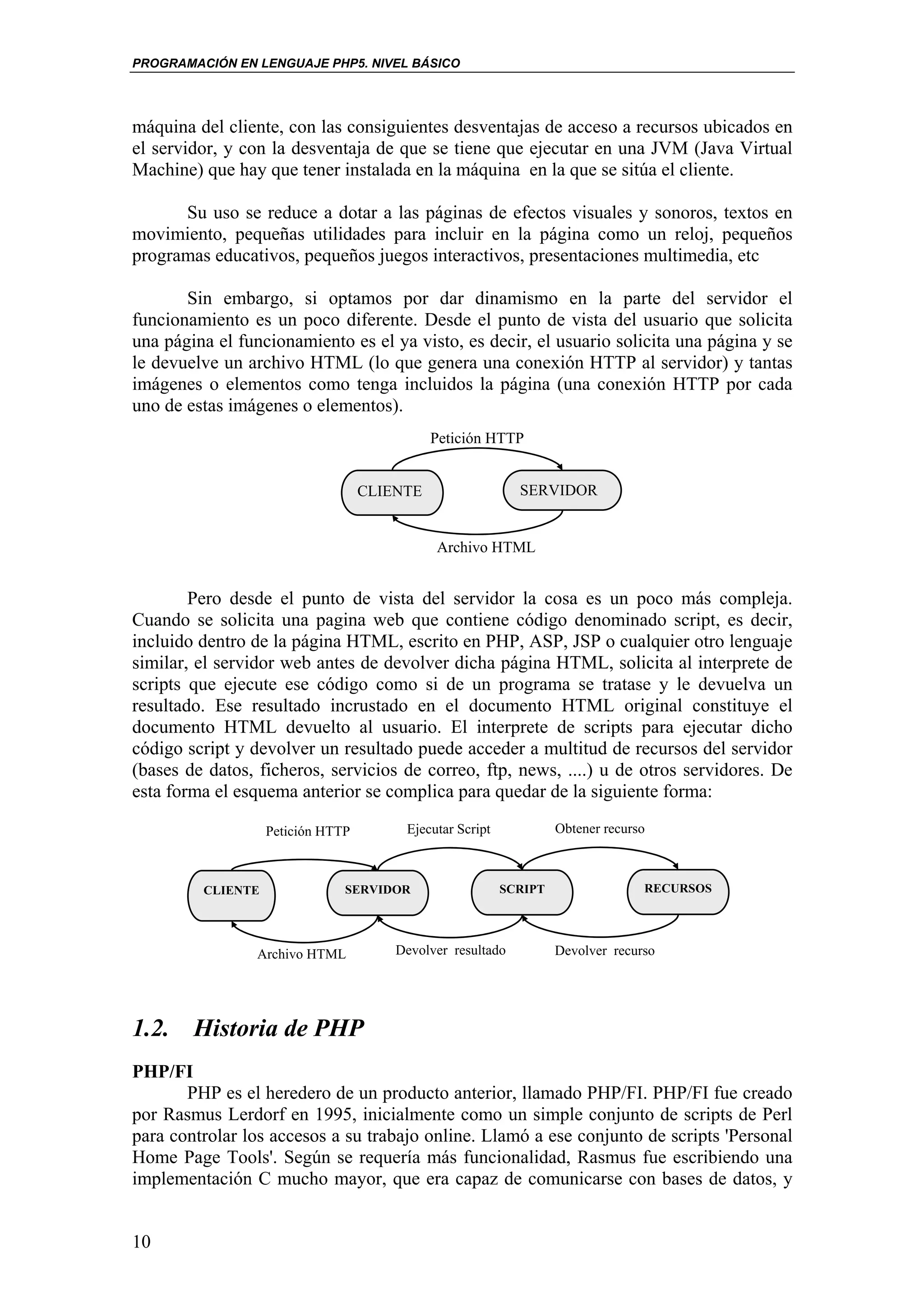 PROGRAMACIÓN EN LENGUAJE PHP5. NIVEL BÁSICO




máquina del cliente, con las consiguientes desventajas de acceso a recursos ubicados en
el servidor, y con la desventaja de que se tiene que ejecutar en una JVM (Java Virtual
Machine) que hay que tener instalada en la máquina en la que se sitúa el cliente.

      Su uso se reduce a dotar a las páginas de efectos visuales y sonoros, textos en
movimiento, pequeñas utilidades para incluir en la página como un reloj, pequeños
programas educativos, pequeños juegos interactivos, presentaciones multimedia, etc

       Sin embargo, si optamos por dar dinamismo en la parte del servidor el
funcionamiento es un poco diferente. Desde el punto de vista del usuario que solicita
una página el funcionamiento es el ya visto, es decir, el usuario solicita una página y se
le devuelve un archivo HTML (lo que genera una conexión HTTP al servidor) y tantas
imágenes o elementos como tenga incluidos la página (una conexión HTTP por cada
uno de estas imágenes o elementos).
                                             Petición HTTP


                                   CLIENTE                  SERVIDOR


                                             Archivo HTML


        Pero desde el punto de vista del servidor la cosa es un poco más compleja.
Cuando se solicita una pagina web que contiene código denominado script, es decir,
incluido dentro de la página HTML, escrito en PHP, ASP, JSP o cualquier otro lenguaje
similar, el servidor web antes de devolver dicha página HTML, solicita al interprete de
scripts que ejecute ese código como si de un programa se tratase y le devuelva un
resultado. Ese resultado incrustado en el documento HTML original constituye el
documento HTML devuelto al usuario. El interprete de scripts para ejecutar dicho
código script y devolver un resultado puede acceder a multitud de recursos del servidor
(bases de datos, ficheros, servicios de correo, ftp, news, ....) u de otros servidores. De
esta forma el esquema anterior se complica para quedar de la siguiente forma:

                   Petición HTTP        Ejecutar Script            Obtener recurso



         CLIENTE               SERVIDOR                   SCRIPT                 RECURSOS




                 Archivo HTML          Devolver resultado          Devolver recurso




1.2. Historia de PHP
PHP/FI
       PHP es el heredero de un producto anterior, llamado PHP/FI. PHP/FI fue creado
por Rasmus Lerdorf en 1995, inicialmente como un simple conjunto de scripts de Perl
para controlar los accesos a su trabajo online. Llamó a ese conjunto de scripts 'Personal
Home Page Tools'. Según se requería más funcionalidad, Rasmus fue escribiendo una
implementación C mucho mayor, que era capaz de comunicarse con bases de datos, y


10
 