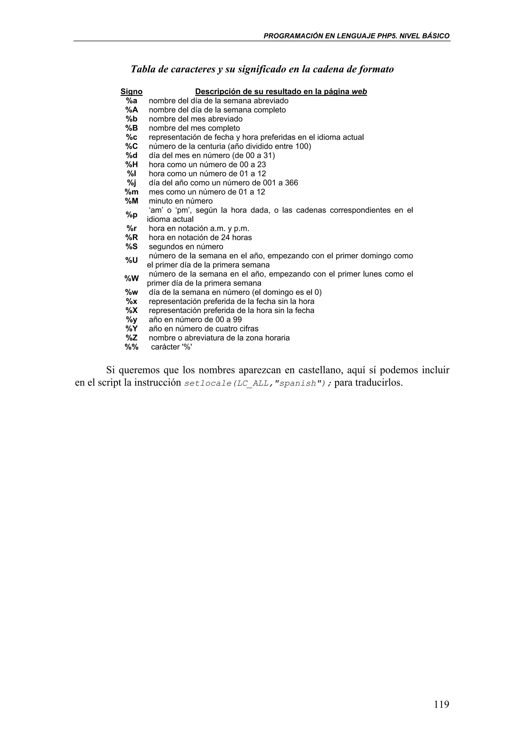 PROGRAMACIÓN EN LENGUAJE PHP5. NIVEL BÁSICO



            Tabla de caracteres y su significado en la cadena de formato

          Signo                  Descripción de su resultado en la página web
           %a      nombre del día de la semana abreviado
           %A      nombre del día de la semana completo
           %b      nombre del mes abreviado
           %B      nombre del mes completo
           %c      representación de fecha y hora preferidas en el idioma actual
           %C      número de la centuria (año dividido entre 100)
           %d      día del mes en número (de 00 a 31)
           %H      hora como un número de 00 a 23
            %I     hora como un número de 01 a 12
            %j     día del año como un número de 001 a 366
           %m      mes como un número de 01 a 12
           %M      minuto en número
                   ‘am’ o ‘pm’, según la hora dada, o las cadenas correspondientes en el
           %p
                  idioma actual
           %r      hora en notación a.m. y p.m.
           %R      hora en notación de 24 horas
           %S      segundos en número
                   número de la semana en el año, empezando con el primer domingo como
           %U
                  el primer día de la primera semana
                   número de la semana en el año, empezando con el primer lunes como el
           %W
                  primer día de la primera semana
           %w      día de la semana en número (el domingo es el 0)
           %x      representación preferida de la fecha sin la hora
           %X      representación preferida de la hora sin la fecha
           %y      año en número de 00 a 99
           %Y      año en número de cuatro cifras
           %Z      nombre o abreviatura de la zona horaria
           %%       carácter '%'

        Si queremos que los nombres aparezcan en castellano, aquí sí podemos incluir
en el script la instrucción setlocale(LC_ALL,"spanish"); para traducirlos.




                                                                                           119
 