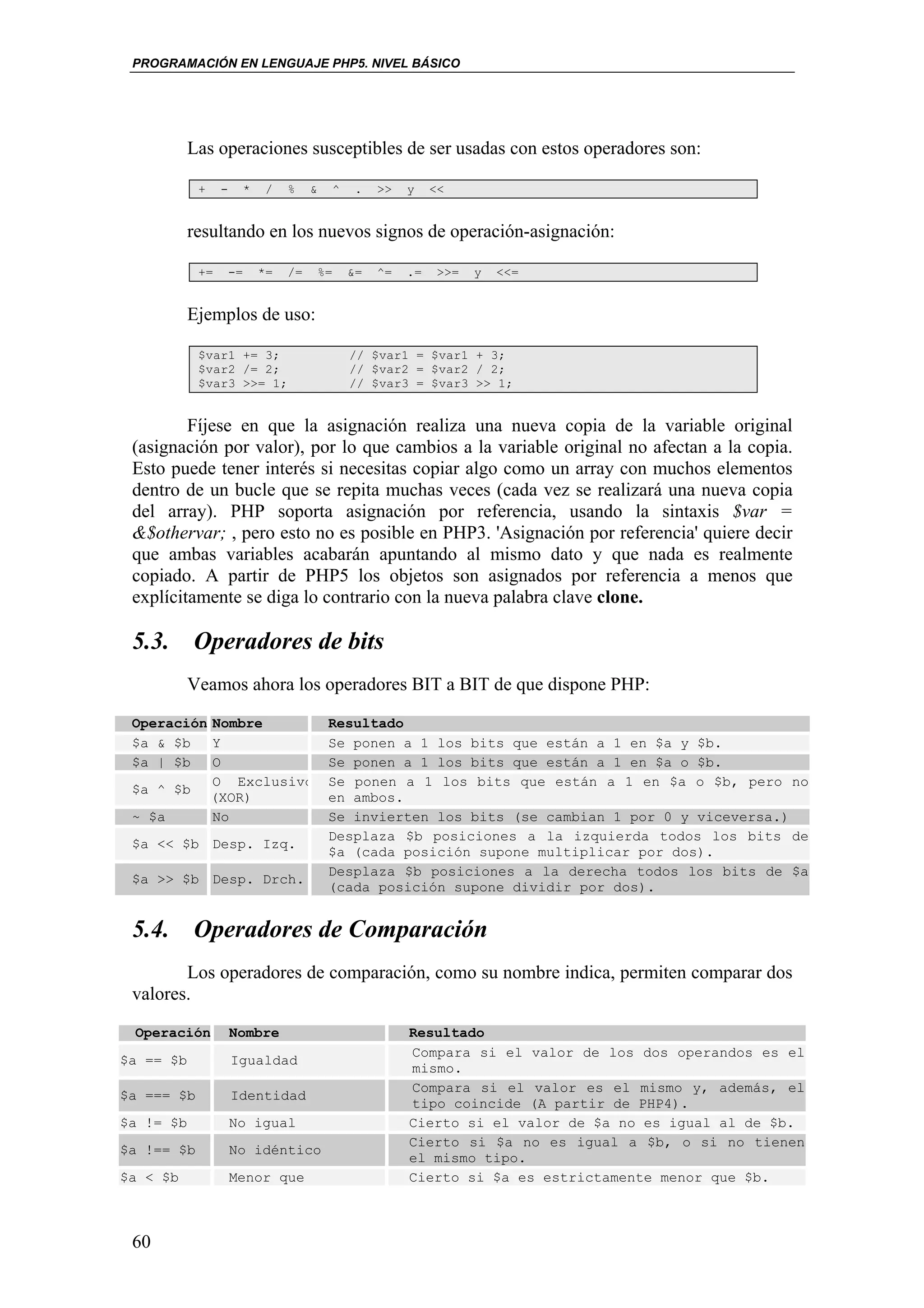 PROGRAMACIÓN EN LENGUAJE PHP5. NIVEL BÁSICO




           Las operaciones susceptibles de ser usadas con estos operadores son:

            +    -        *    /   %    &        ^    .   >>   y    <<


           resultando en los nuevos signos de operación-asignación:

            +=       -=       *=   /=       %=       &=   ^=   .=    >>=   y   <<=


           Ejemplos de uso:

            $var1 += 3;                              // $var1 = $var1 + 3;
            $var2 /= 2;                              // $var2 = $var2 / 2;
            $var3 >>= 1;                             // $var3 = $var3 >> 1;


         Fíjese en que la asignación realiza una nueva copia de la variable original
 (asignación por valor), por lo que cambios a la variable original no afectan a la copia.
 Esto puede tener interés si necesitas copiar algo como un array con muchos elementos
 dentro de un bucle que se repita muchas veces (cada vez se realizará una nueva copia
 del array). PHP soporta asignación por referencia, usando la sintaxis $var =
 &$othervar; , pero esto no es posible en PHP3. 'Asignación por referencia' quiere decir
 que ambas variables acabarán apuntando al mismo dato y que nada es realmente
 copiado. A partir de PHP5 los objetos son asignados por referencia a menos que
 explícitamente se diga lo contrario con la nueva palabra clave clone.

 5.3. Operadores de bits
           Veamos ahora los operadores BIT a BIT de que dispone PHP:

 Operación Nombre                            Resultado
 $a & $b   Y                                 Se ponen a 1 los bits que están a 1 en $a y $b.
 $a | $b   O                                 Se ponen a 1 los bits que están a 1 en $a o $b.
           O Exclusivo                       Se ponen a 1 los bits que están a 1 en $a o $b, pero no
 $a ^ $b
           (XOR)                             en ambos.
 ~ $a      No                                Se invierten los bits (se cambian 1 por 0 y viceversa.)
                                             Desplaza $b posiciones a la izquierda todos los bits de
 $a << $b Desp. Izq.
                                             $a (cada posición supone multiplicar por dos).
                                             Desplaza $b posiciones a la derecha todos los bits de $a
 $a >> $b Desp. Drch.
                                             (cada posición supone dividir por dos).


 5.4. Operadores de Comparación
        Los operadores de comparación, como su nombre indica, permiten comparar dos
 valores.
 Operación           Nombre                                    Resultado
                                                               Compara si el valor de los dos operandos es el
$a == $b             Igualdad
                                                               mismo.
                                                               Compara si el valor es el mismo y, además, el
$a === $b            Identidad
                                                               tipo coincide (A partir de PHP4).
$a != $b             No igual                                  Cierto si el valor de $a no es igual al de $b.
                                                               Cierto si $a no es igual a $b, o si no tienen
$a !== $b            No idéntico
                                                               el mismo tipo.
$a < $b              Menor que                                 Cierto si $a es estrictamente menor que $b.



 60
 