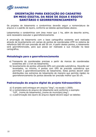 ORIENTAÇÃO PARA EXECUÇÃO DO CADASTRO
EM MEIO DIGITAL DA REDE DE ÁGUA E ESGOTO
SANITÁRIO E GEORREFERENCIAMENTO
Os projetos de loteamento e condomínios deverão seguir a nomenclatura de
arquivo e o padrão de layers, conforme as tabelas apresentadas abaixo.
Loteamentos e condomínios com área maior que 1 ha, além do descrito acima,
será necessário executar o georreferenciamento
A amarração do loteamento com a base cartográfica existente será realizada
através de levantamento em campo de pontos de coordenadas UTM no sistema de
referência SAD 69 com precisão de até 50 cm. A partir destes pontos, o loteamento
será georreferenciado, para que possa ser realizada a sua inclusão na base
cartográfica.
Metodologia para o georreferenciamento
a) Transporte de coordenadas precisas a partir de marcos de coordenadas
existentes até 1.5 km do loteamento;
b) levantamento de pontos utilizando GPS com precisão submétrica. Deverão ser
levantados, no mínimo, 4 pontos com GPS de precisão submétrica que
permitam o georreferenciamento do loteamento. Estes pontos devem estar
distribuídos nos extremos do loteamento de maneira que permita rigidez no
georreferenciamento Os pontos deverão ter precisão melhor que 50 cm.
Padronização do arquivo digital do projeto hidrossanitário
a) O projeto será entregue em arquivo “dwg”, na escala 1:2000;
b) a nomenclatura do arquivo do loteamento será conforme o exemplo:
”LOT_ (nome do loteamento)_(nome do município).dwg”;
c) a padronização dos layers do arquivo digital deverá seguir as tabelas:
22
 