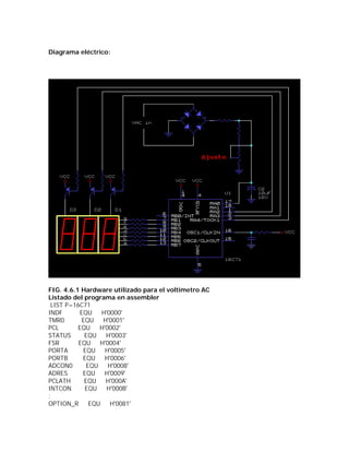 Diagrama eléctrico:




FIG. 4.6.1 Hardware utilizado para el voltimetro AC
Listado del programa en assembler
 LIST P=16C71
INDF       EQU     H'0000'
TMR0        EQU    H'0001'
PCL       EQU     H'0002'
STATUS       EQU    H'0003'
FSR       EQU     H'0004'
PORTA       EQU     H'0005'
PORTB       EQU     H'0006'
ADCON0        EQU    H'0008'
ADRES       EQU     H'0009'
PCLATH       EQU    H'000A'
INTCON       EQU     H'000B'
;
OPTION_R       EQU    H'0081'
 