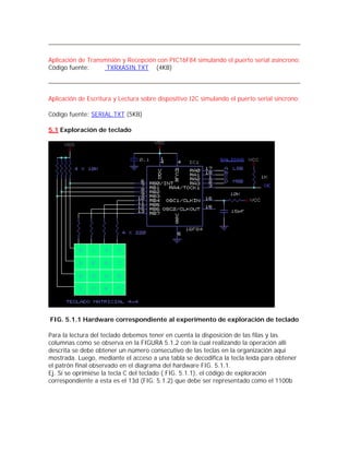 Aplicación de Transmisión y Recepción con PIC16F84 simulando el puerto serial asíncrono:
Código fuente:      TXRXASIN.TXT (4KB)



Aplicación de Escritura y Lectura sobre dispositivo I2C simulando el puerto serial síncrono:

Código fuente: SERIAL.TXT (5KB)

5.1 Exploración de teclado




FIG. 5.1.1 Hardware correspondiente al experimento de exploración de teclado

Para la lectura del teclado debemos tener en cuenta la disposición de las filas y las
columnas como se observa en la FIGURA 5.1.2 con la cual realizando la operación allí
descrita se debe obtener un número consecutivo de las teclas en la organización aquí
mostrada. Luego, mediante el acceso a una tabla se decodifica la tecla leída para obtener
el patrón final observado en el diagrama del hardware FIG. 5.1.1.
Ej. Sí se oprimiése la tecla C del teclado ( FIG. 5.1.1), el código de exploración
correspondiente a esta es el 13d (FIG. 5.1.2) que debe ser representado como el 1100b
 