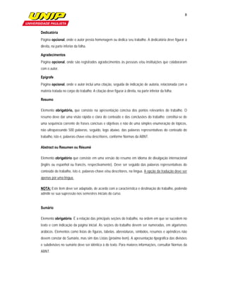 8

                       

Dedicatória
Página opcional, onde o autor presta homenagem ou dedica seu trabalho. A dedicatória deve figurar à
direita, na parte inferior da folha.

Agradecimentos
Página opcional, onde são registrados agradecimentos às pessoas e/ou instituições que colaboraram
com o autor.

Epígrafe
Página opcional, onde o autor inclui uma citação, seguida de indicação de autoria, relacionada com a
matéria tratada no corpo do trabalho. A citação deve figurar à direita, na parte inferior da folha.

Resumo

Elemento obrigatório, que consiste na apresentação concisa dos pontos relevantes do trabalho. O
resumo deve dar uma visão rápida e clara do conteúdo e das conclusões do trabalho; constitui-se de
uma sequência corrente de frases concisas e objetivas e não de uma simples enumeração de tópicos,
não ultrapassando 500 palavras, seguido, logo abaixo, das palavras representativas do conteúdo do
trabalho, isto é, palavras-chave e/ou descritores, conforme Normas da ABNT.

Abstract ou Resumen ou Résumé

Elemento obrigatório que consiste em uma versão do resumo em idioma de divulgação internacional
(inglês ou espanhol ou francês, respectivamente). Deve ser seguido das palavras representativas do
conteúdo do trabalho, isto é, palavras-chave e/ou descritores, na língua. A opção da tradução deve ser
apenas por uma língua.

NOTA: Este item deve ser adaptado, de acordo com a característica e destinação do trabalho, podendo
admitir-se sua supressão nos semestres iniciais do curso.


Sumário

Elemento obrigatório. É a relação das principais seções do trabalho, na ordem em que se sucedem no
texto e com indicação da página inicial. As seções do trabalho devem ser numeradas, em algarismos
arábicos. Elementos como listas de figuras, tabelas, abreviaturas, símbolos, resumos e apêndices não
devem constar do Sumário, mas sim das Listas (próximo item). A apresentação tipográfica das divisões
e subdivisões no sumário deve ser idêntica à do texto. Para maiores informações, consultar Normas da
ABNT.
 