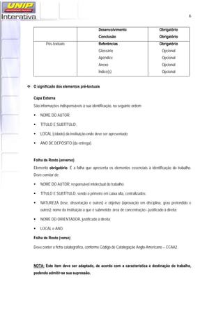  6
Desenvolvimento
Conclusão
Obrigatório
Obrigatório
Pós-textuais Referências
Glossário
Apêndice
Anexo
Índice(s)
Obrigatório
Opcional
Opcional
Opcional
Opcional
 O significado dos elementos pré-textuais
Capa Externa
São informações indispensáveis à sua identificação, na seguinte ordem:
 NOME DO AUTOR;
 TÍTULO E SUBTÍTULO;
 LOCAL (cidade) da instituição onde deve ser apresentado;
 ANO DE DEPÓSITO (da entrega).
Folha de Rosto (anverso)
Elemento obrigatório. É a folha que apresenta os elementos essenciais à identificação do trabalho.
Deve constar de:
 NOME DO AUTOR: responsável intelectual do trabalho;
 TÍTULO E SUBTÍTULO, sendo o primeiro em caixa alta, centralizados;
 NATUREZA (tese, dissertação e outros) e objetivo (aprovação em disciplina, grau pretendido e
outros); nome da instituição a que é submetido; área de concentração - justificado à direita;
 NOME DO ORIENTADOR, justificado à direita;
 LOCAL e ANO.
Folha de Rosto (verso)
Deve conter a ficha catalográfica, conforme Código de Catalogação Anglo-Americano – CCAA2.
NOTA: Este item deve ser adaptado, de acordo com a característica e destinação do trabalho,
podendo admitir-se sua supressão.
 