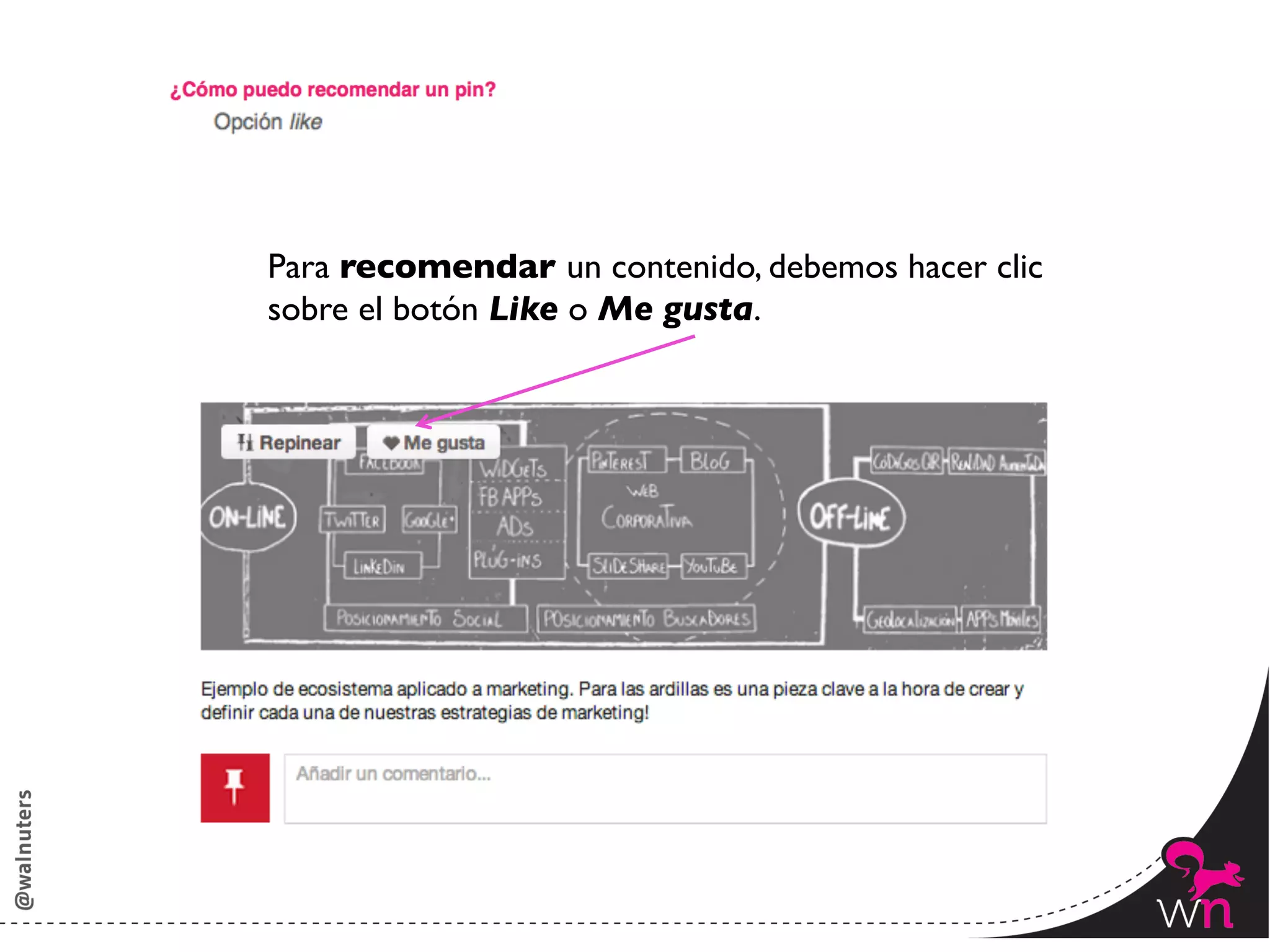 Para recomendar un contenido, debemos hacer clic 	

sobre el botón Like o Me gusta.	





                                                       120	
  
 