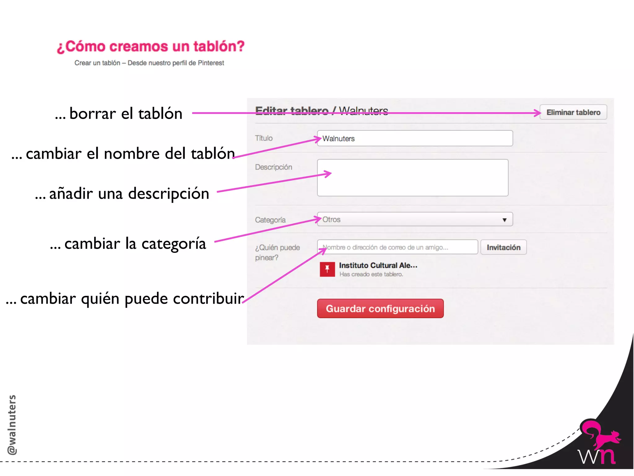 ... borrar el tablón	


... cambiar el nombre del tablón	


    ... añadir una descripción	


      ... cambiar la categoría	



... cambiar quién puede contribuir	





                                        70	
  
 