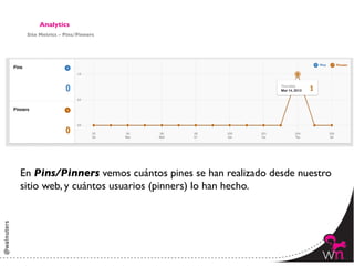 Analytics	

 Site Metrics – Pins/Pinners	





En Pins/Pinners vemos cuántos pines se han realizado desde nuestro
sitio web, y cuántos usuarios (pinners) lo han hecho. 	





                                                                150	
  
 