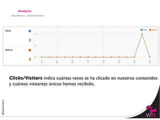 Analytics	

 Site Metrics – Clicks/Visitors	





Clicks/Visitors indica cuántas veces se ha clicado en nuestros contenidos
y cuántos visitantes únicos hemos recibido. 	





                                                                   153	
  
 