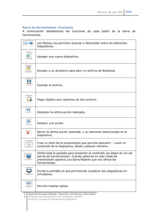 Manual de uso PDI   2009




Barra de herramientas. Funciones
A continuación detallaremos las funciones de cada botón de la barra de
herramientas.


           Las flechas nos permiten Avanzar o Retroceder entre las diferentes
           diapositivas.


           Agregar una nueva diapositiva.




           Acceder a un directorio para abrir un archivo de Notebook.




           Guardar el archivo.




           Pegar objetos que copiamos de otro archivo.



           Deshacer la última acción realizada.



           Rehacer una acción.


           Borrar la última acción realizada, o un elemento seleccionado en la
           diapositiva.

           Crea un telón de la presentación que permite descubrir – cubrir el
           contenido de la diapositiva, desde cualquier extremo.

           Utiliza toda la pantalla para presentar el contenido (se dejan de ver las
           barras de herramientas). Cuando estamos en este modo de
           presentación aparece una barra flotante que nos ofrece las
           herramientas.


           Divide la pantalla en dos permitiendo visualizar dos diapositivas en
           simultáneo.



           Permite insertar tablas.

1   Red de Escuelas Medias, Técnicas, Artísticas y Normales
2   Dirección de Incorporación de Tecnologías (INTEC)
    Dirección General de Planeamiento Educativo
 