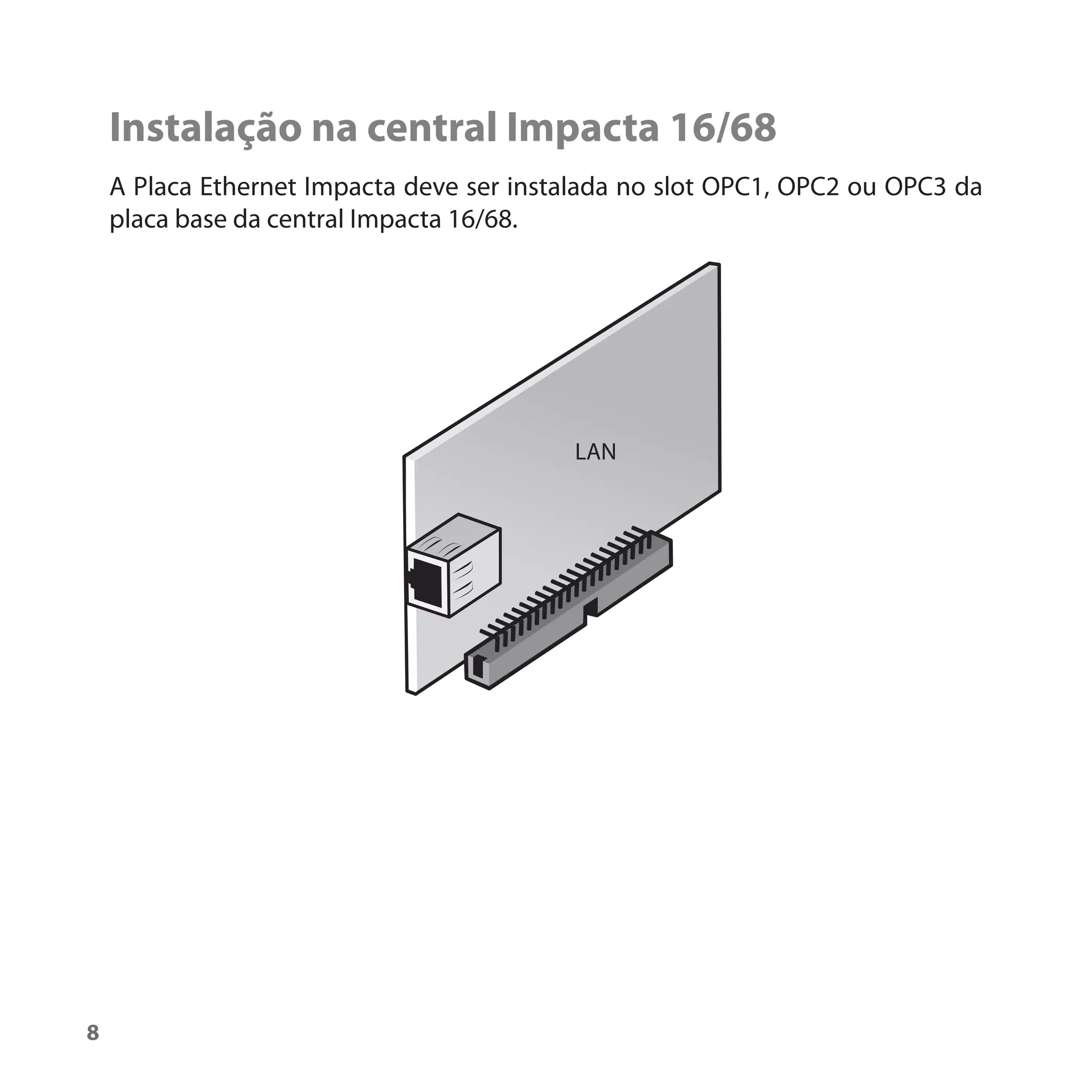 Instalação na central Impacta 16/68
    A Placa Ethernet Impacta deve ser instalada no slot OPC1, OPC2 ou OPC3 da
    placa base da central Impacta 16/68.




                                          LAN




8
 