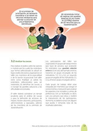 Manual de elaboración, costeo y presupuesto de PLANES de MEJORA 17
3.2	Analizar las causas
Para realizar el análisis sobre las razones
o motivos por los cuales los estándares
que hemos seleccionado se ubican en
bajos niveles de avance, organizamos un
taller con miembros de la especialidad
o de la opción ocupacional. Este taller
tiene como finalidad: a) validar los
estándares seleccionados para ser
mejorados; b) identificar las causas; y,
c) recoger las posibles soluciones a las
dificultades encontradas.
El taller deberá considerar un tiempo
prudente para el análisis de causas
y para la definición de acciones de
mejora. Asisten docentes, participantes,
administrativos y egresados, además
de los miembros de la comisión de
autoevaluación.
Los participantes del taller son
organizados en grupos de trabajo mixtos
(por tipos de actores), que analizarán
los estándares que guardan relación
entre sí. En el caso, del ejemplo anterior,
haríamos un grupo encargado de los
indicadores 1.2; 3.2 y 6.2; un segundo
grupo encargado de los indicadores 5.1,
5.3 y, el tercer grupo encargado del 6.3.
Cada grupo de trabajo debe estar
integrado por miembros que tengan el
conocimiento y motivación para analizar
los aspectos a ser revisados y contar, de
preferencia, con un facilitador, es decir,
con una persona que dirija y modere
la intervención de los participantes.
Asimismo, se deberá contar con alguien
que pueda ir tomando nota de los
resultados obtenidos.
En el proceso de
priorización, es necesario
considerar si se tienen los
recursos necesarios para
abordar la solución de
una problemática
identificada
Se recomienda iniciar
las mejoras con aquellos
aspectos en los cuales
el CETPRO dispone
de los recursos para su
implementación
 