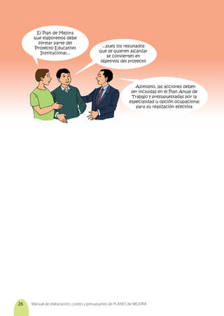 Manual de elaboración, costeo y presupuesto de PLANES de MEJORA
26
Asimismo, las acciones deben
ser incluidas en el Plan Anual de
Trabajo y presupuestadas por la
especialidad u opción ocupacional
para su realización efectiva
El Plan de Mejora
que elaboremos debe
formar parte del
Proyecto Educativo
Institucional...
...pues los resultados
que se quieren alcanzar
se convierten en
objetivos del proyecto
 