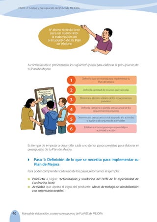 40 Manual de elaboración, costeo y presupuesto de PLANES de MEJORA
¡Y ahora ya estás listo
para un nuevo reto:
la elaboración del
presupuesto de tu Plan
de Mejora!
Define lo que se necesita para implementar tu
Plan de Mejora
Define la cantidad de recursos que necesitas
Determina el costo unitario de los requerimientos
previstos
Define la categoría o partida presupuestal de los
requerimientos previstos
Determina el presupuesto total asignado a la actividad
o acción o al conjunto de actividades
Establece el cronograma presupuestal por
actividad o acción
1
2
3
4
5
6
Es tiempo de empezar a desarrollar cada uno de los pasos previstos para elaborar el
presupuesto de tu Plan de Mejora:
 Paso 1: Definición de lo que se necesita para implementar su
Plan de Mejora
Para poder comprender cada uno de los pasos, retomamos el ejemplo:
	 Producto a lograr: ‘Actualización y validación del Perfil de la especialidad de
Confección Textil’.
	 Actividad que aporta al logro del producto: ‘Mesas de trabajo de sensibilización
con empresarios textiles’.
A continuación te presentamos los siguientes pasos para elaborar el presupuesto de
tu Plan de Mejora:
PARTE 2: Costeo y presupuesto del PLAN de MEJORA
PRESUPUESTO DEL
PLAN DE MEJORA
 
