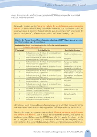 41
Manual de elaboración, costeo y presupuesto de PLANES de MEJORA
Ahora debes proceder a definir lo que necesita tu CETPRO para desarrollar la actividad
o acción antes mencionada:
Para poder realizar nuestra ‘Mesa de trabajo de sensibilización con empresarios
textiles’, ya hemos identificado y definido los materiales que utilizaremos. Ahora, lo
organizamos en la siguiente hoja de cálculo que denominaremos “Herramienta de
gestión presupuestal”que la descargamos de la web: www.fondep.gob.pe
Al inicio nos tomó tiempo elaborar el presupuesto de la actividad, porque teníamos
que analizar bien qué debemos lograr y para ello definir qué es lo que necesitamos.
Nuestras decisiones se centraron en desarrollar la ‘Mesa de trabajo de sensibilización
con empresarios textiles’, con el apoyo de un facilitador externo, pero como no
podíamos desarrollarla en nuestro CETPRO por falta de espacio, decidimos hacerla
en un local, por lo que tuvimos que considerar el transporte y los refrigerios de los
representantesdelacomunidadeducativa,asícomolosmaterialesquenecesitaríamos.
5. ¿Cómo se elabora el presupuesto del Plan de Mejora?
Objetivo del Plan de Mejora: Mejorar la gestión educativa del CETPRO para generar un mejor
servicio orientado al logro de aprendizajes
Producto 1 Perfil de la especialidad de Confección Textil actualizado y validado
	 (Indicador relacionado: 1.2)
N° Actividad Actividad/Acción Descripción del gasto
3
Realización de mesas de trabajo de sensibilización con
empresarios textiles (30 personas)
Realización de mesas de trabajo de sensibilización con
empresarios textiles (30 personas)
Realización de mesas de trabajo de sensibilización con
empresarios textiles (30 personas)
Realización de mesas de trabajo de sensibilización con
empresarios textiles (30 personas)
Realización de mesas de trabajo de sensibilización con
empresarios textiles (30 personas)
Realización de mesas de trabajo de sensibilización con
empresarios textiles (30 personas)
Realización de mesas de trabajo de sensibilización con
empresarios textiles (30 personas)
Realización de mesas de trabajo de sensibilización con
empresarios textiles (30 personas)
Suscripción de convenios y firma de acta de
conformación de consejo consultivo
Suscripción de convenios y firma de acta de
conformación de consejo consultivo
Suscripción de convenios y firma de acta de
conformación de consejo consultivo
Alquiler de Local de reunión
Refrigerios
Transporte al local de
reunión
Papelote Blanco de 56 grs.
Tamaño de 61 cm x 86 cm
Plumón Azul, punta gruesa.
Ancho deTrazo: 3.1 mm a 5 mm
Cinta Masking Tape. Tamaño
1/2'' x 40 yd
Fotocopias
Facilitador
Papel bond de 75 grs.
Cámara fotográfica
Transporte
3
3
3
3
3
3
3
5
5
5
 
