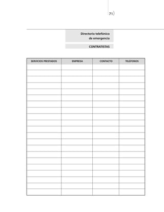 71)




                           Directorio telefónico
                                de emergencia

                                 CONTRATISTAS



SERVICIOS PRESTADOS   EMPRESA           CONTACTO     TELÉFONOS
 