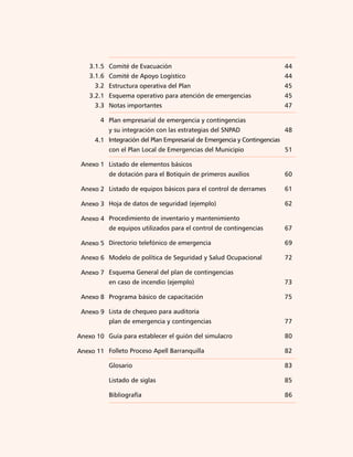 8)



    3.1.5 Comité de Evacuación                                            44
    3.1.6 Comité de Apoyo Logístico                                       44
     3.2 Estructura operativa del Plan                                    45
    3.2.1 Esquema operativo para atención de emergencias                  45
     3.3 Notas importantes                                                47

       4 Plan empresarial de emergencia y contingencias
          y su integración con las estrategias del SNPAD                  48
     4.1 Integración del Plan Empresarial de Emergencia y Contingencias
          con el Plan Local de Emergencias del Municipio                  51

 Anexo 1 Listado de elementos básicos
          de dotación para el Botiquín de primeros auxilios               60

 Anexo 2 Listado de equipos básicos para el control de derrames           61

 Anexo 3 Hoja de datos de seguridad (ejemplo)                             62

 Anexo 4 Procedimiento de inventario y mantenimiento
          de equipos utilizados para el control de contingencias          67

 Anexo 5 Directorio telefónico de emergencia                              69

 Anexo 6 Modelo de política de Seguridad y Salud Ocupacional              72

 Anexo 7 Esquema General del plan de contingencias
          en caso de incendio (ejemplo)                                   73

 Anexo 8 Programa básico de capacitación                                  75

 Anexo 9 Lista de chequeo para auditoría
          plan de emergencia y contingencias                              77

Anexo 10 Guía para establecer el guión del simulacro                      80

Anexo 11 Folleto Proceso Apell Barranquilla                               82

          Glosario                                                        83

          Listado de siglas                                               85

          Bibliografía                                                    86
 