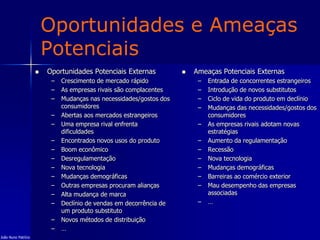 Oportunidades e Ameaças
Potenciais
 Oportunidades Potenciais Externas
– Crescimento de mercado rápido
– As empresas rivais são complacentes
– Mudanças nas necessidades/gostos dos
consumidores
– Abertas aos mercados estrangeiros
– Uma empresa rival enfrenta
dificuldades
– Encontrados novos usos do produto
– Boom econômico
– Desregulamentação
– Nova tecnologia
– Mudanças demográficas
– Outras empresas procuram alianças
– Alta mudança de marca
– Declínio de vendas em decorrência de
um produto substituto
– Novos métodos de distribuição
– …
 Ameaças Potenciais Externas
– Entrada de concorrentes estrangeiros
– Introdução de novos substitutos
– Ciclo de vida do produto em declínio
– Mudanças das necessidades/gostos dos
consumidores
– As empresas rivais adotam novas
estratégias
– Aumento da regulamentação
– Recessão
– Nova tecnologia
– Mudanças demográficas
– Barreiras ao comércio exterior
– Mau desempenho das empresas
associadas
– …
João Nuno Patrício
 