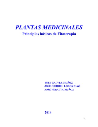 1
PLANTAS MEDICINALES
Principios básicos de Fitoterapia
INES GALVEZ MUÑOZ
JOSE GABRIEL LOBOS DIAZ
JOSE PERALTA MUÑOZ
2014
 
