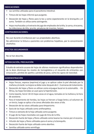 41
INDICACIONES
•	 Las semillas utilizadas para el parasitismo intestinal.  
•	 Tintura de las hojas informó que purgante.  
•	 Decocción de hojas y flores para la tos y como expectorante en la bronquitis y el
asma. También se utiliza como astringente.  
•	 Hojas machacadas y el extracto de jugo de empleados de la tiña, la sarna, el eczema,
las infecciones de tiña, prurito, picaduras de insectos, herpes.
CONTRAINDICACIONES:
No usar durante el embarazo por sus propiedades abortivas.
No administrar la tintura a pacientes con problemas hepáticos, por la concentración
alcoholica.
EFECTOS SECUNDARIOS
No se han descrito.
INTOXICACIÓN, PRECAUCIÓN
Estudio de extracto acuoso de hojas de albinos mostraron significativas dependientes
de la dosis disminuye los niveles de hemoglobina y el recuento de eritrocitos con
emaciación, pérdida de apetito y pérdida de peso, como los signos de toxicidad.
ADMINISTRACIÓN
•	 Hojas frescas, expresa (exprima) el jugo y se aplican sobre la piel afectada por la
mañanaylatarde.Lamejorasedebenotardespuésde2-3semanasdetratamiento. 
•	 Decocción de hojas y flores se utilizan como enjuague bucal en la estomatitis.  - En
África, las hojas hervidas se usan para la hipertensión.  
•	 Como laxante, hervir 10-15 hojas secas en el agua, tomadas en la mañana y la hora
de acostarse.  
•	 Para el tratamiento de heridas, las hojas se hierven a fuego lento y al volumen de
un tercio, luego se aplica a las zonas afectadas dos veces al día.
•	 Decocción de las raíces utilizadas para timpanismo.  
•	 Savia de las hojas utilizado como antiherpético.  
•	 Tintura o extracto de la hoja utilizada como purgante.  
•	 El jugo de las hojas mezcladas con jugo de lima de la tiña.  
•	 Decocción fuerte de hojas y flores utilizado como lavarse las manos por el eccema.
•	 Infusión de hojas y flores utilizados para el asma y la bronquitis.  
•	 Decocción fuerte de hojas utilizado como abortivo.  
•	 Semillas utilizado como vermífugo.
 