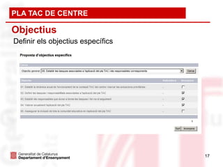 PLA TAC DE CENTRE

Objectius
Definir els objectius específics




                                   17
 