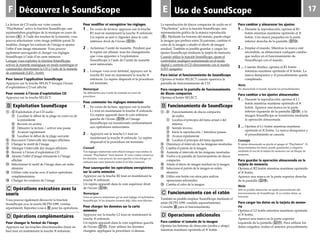 F 17EDécouvrez le SoundScope Uso de SoundScope
La reproducción de discos compactos de audio en el
“PlayStation” activa la función SoundScope, una
representación gráfica de la música reproducida
(A). Mediante los botones del mando, puede elegir
la imagen que prefiera entre 24 patrones, cambiar el
color de la imagen o añadir el efecto de imagen
residual. También es posible guardar y cargar los
ajustes SoundScope mediante la tarjeta de memoria.
Cuando utilice la función SoundScope, ajuste el
controlador analógico suministrado en el modo
digital y controle el CD directamente con el mando
(LED: apagado).
Para iniciar el funcionamiento de SoundScope
Oprima el botón SELECT cuando aparezca la
pantalla de funcionamiento de CD.
Para recuperar la pantalla de funcionamiento
de discos compactos
Oprima el botón SELECT.
B Funcionamiento de SoundScope
1 - 5 Funcionamiento de discos compactos
de audio:
1 Localiza el principio del tema actual o del
anterior.
2 Sentido inverso
3 Inicia la reproducción / Introduce pausas
4 Avanza rápidamente
5 Localiza el principio del tema siguiente.
6 Disminuye el intervalo de las imágenes mostradas.
7 Cambia el patrón de la imagen.
8 Aumenta el intervalo de las imágenes mostradas.
9 Vuelve a la pantalla de funcionamiento de discos
compactos.
0 Añade el efecto de imagen residual en la imagen.
!¡ Selecciona el patrón de la imagen en orden
aleatorio.
!™ Utilice este botón con otros para realizar
operaciones adicionales.
!£ Cambia el color de la imagen.
C Funcionamiento con el ratón
También es posible emplear SoundScope mediante el
ratón (SCPH-1090: vendido separadamente).
Consulte B para el funcionamiento.
D Operaciones adicionales
Para cambiar el tamaño de la imagen
Oprima los botones de dirección (arriba o abajo)
mientras mantiene oprimido el ✕ botón.
Para cambiar y almacenar los ajustes
1 .... Durante la reproducción, oprima el R1
botón mientras mantiene oprimido el ✕
botón. Una marca parpadea en la parte
inferior derecha de la pantalla (D!¢).
2 .... Emplee el mando. Mientras la marca esté
encendida, se almacenará cualquier cambio
que realice en el funcionamiento de
SoundScope con el mando.
3 .... Cuando finalice, oprima el R1 botón
mientras mantiene oprimido el ✕ botón. La
marca desaparece y el procedimiento queda
completado.
Nota
No desenchufe el mando durante los procedimientos.
Para cambiar a los ajustes almacenados
1 .... Durante la reproducción, oprima el L1
botón mientras mantiene oprimido el ✕
botón. Aparece una marca en la parte
inferior izquierda de la pantalla (D!∞), y la
imagen SoundScope se transforma mediante
la operación almacenada.
2 .... Oprima el L1 botón mientras mantiene
oprimido el ✕ botón. La marca desaparece y
el procedimiento se cancela.
Consejo
El ajuste almacenado se pierde al apagar el “PlayStation”. Si
desea mantener los datos, puede guardarlos y cargarlos
mediante el uso de la tarjeta de memoria con un bloque de
memoria.
Para guardar la operación almacenada en la
tarjeta de memoria
Oprima el R2 botón mientras mantiene oprimido
el ✕ botón.
Aparece una marca en la parte superior derecha
de la pantalla (D!§).
Nota
Sólo es posible almacenar un ajuste personalizado del
funcionamiento de SoundScope. Si ya existen datos, se
borrarán.
Para cargar los datos en la tarjeta de memo-
ria
Oprima el L2 botón mientras mantiene oprimido
el ✕ botón.
Aparece una marca en la parte superior
izquierda de la pantalla (D!¶). Para utilizar los
datos cargados, realice el anterior procedimiento.
La lecture de CD audio sur votre console
“PlayStation” active la fonction SoundScope, une
représentation graphique de la musique en cours de
lecture (A). A l’aide des touches de la manette, vous
pouvez sélectionner votre image préférée parmi 24
modèles, changer les couleurs de l’image et ajouter
l’effet d’une image rémanente. Vous pouvez
également sauvegarder et charger vos réglages
SoundScope à l’aide d’un carte mémoire.
Lorsque vous exploitez la fonction SoundScope,
activez la manette analogique en mode numérique et
commandez directement le CD à l’aide de la manette
de commande (LED : Arrêt).
Pour lancer l’application SoundScope
Appuyez sur la touche SELECT lorsque l’écran
d’exploitation CD est affiché.
Pour revenir à l’écran d’exploitation CD
Appuyez sur la touche SELECT.
B Exploitation SoundScope
1 - 5 Exploitation d’un CD audio :
1 Localiser le début de la plage en cours ou de
la précédente
2 Revenir en arrière
3 Démarrer la lecture / activer une pause
4 Avancer rapidement
5 Localiser le début de la plage suivante
6 Raccourcir l’intervalle des images affichées
7 Changer le motif de l’image
8 Allonger l’intervalle des images affichées
9 Revenir à l’écran d’exploitation CD
0 Ajouter l’effet d’image rémanente à l’image
affichée
!¡ Sélectionner le motif de l’image dans un ordre
aléatoire
!™ Utiliser cette touche avec d’autres opérations
complémentaires
!£ Changer les couleurs de l’image
C Opérations exécutées avec la
souris
Vous pouvez également découvrir la fonction
SoundScope avec la souris (SCPH-1090: vendue
séparément). Reportez-vous à B pour les opérations.
D Opérations complémentaires
Pour changer le format de l’image
Appuyez sur les touches directionnelles (haut ou
bas) tout en maintenant la touche ✕ enfoncée.
Pour modifier et enregistrer les réglages
1 ... En cours de lecture, appuyez sur la touche
R1 tout en maintenant la touche ✕ enfoncée.
Un repère se met à clignoter dans le coin
inférieur droit de l’écran (D!¢).
2 ... Actionnez l’unité de manette. Pendant que
le repère est allumé, tous les changements
que vous apportez à l’exploitation
SoundScope à l’aide de l’unité de manette
sont mémorisés.
3 ... Lorsque vous avez terminé, appuyez sur la
touche R1 tout en maintenant la touche ✕
enfoncée. Le repère disparaît et la procédure
est terminée.
Remarque
Ne débranchez pas l’unité de manette en cours de
procédure.
Pour commuter les réglages mémorisés
1 ... En cours de lecture, appuyez sur la touche
L1 tout en maintenant la touche ✕ enfoncée.
Un repère apparaît dans le coin inférieur
gauche de l’écran (D!∞) et l’image
SoundScope est transformée conformément
aux opérations mémorisées.
2 ... Appuyez sur la touche L1 tout en
maintenant la touche ✕ enfoncée. Le repère
disparaît et la procédure est terminée.
Conseil
Vos réglages mémorisés sont effacés lorsque vous mettez la
console “PlayStation” hors tension. Si vous voulez conserver
les données, vous pouvez les sauvegarder et les charger en
utilisant une carte mémoire dotée d’un bloc mémoire.
Pour sauvegarder les opérations enregistrées
sur la carte mémoire
Appuyez sur la touche R2 tout en maintenant la
touche ✕ enfoncée.
Un repère apparaît dans le coin supérieur droit
de l’écran (D!§).
Remarque
Vous ne pouvez mémoriser qu’un seul réglage d’exploitation
SoundScope. Si les données existent déjà, elles sont effacées.
Pour charger les données sur la carte
mémoire
Appuyez sur la touche L2 tout en maintenant la
touche ✕ enfoncée.
Un repère apparaît dans le coin supérieur gauche
de l'écran (D!¶). Pour utiliser les données
chargées, appliquez la procédure ci-dessus.
 
