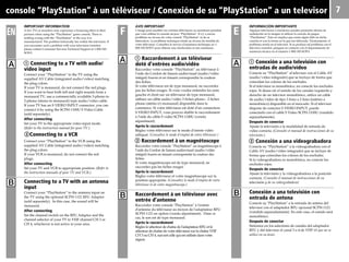 F 7E
F E
A A
B
EN
B
AVIS IMPORTANT
L'image peut sautiller sur certains téléviseurs ou moniteurs pendant
que vous utiliser la console de jeux "PlayStation". Il n'y a aucun
problème au niveau de votre console "PlayStation" ni de sa
fabrication. Le problème technique réside au niveau du modèle de
votre téléviseur. Consultez le service d'assistance technique au 1-
800-345-SONY pour obtenir une clarification et une assistance.
1 Raccordement à un téléviseur
doté d’entrées audio/vidéo
Raccordez votre console “PlayStation” au téléviseur à
l’aide du Cordon de liaison audiovisuel (audio/vidéo
intégré) fourni et en faisant correspondre la couleur
des fiches.
Si votre téléviseur est de type monaural, ne raccordez
pas les fiches rouges. Si vous voulez entendre les sons
gauche et droit sur un téléviseur de type monaural,
utilisez un câble audio/vidéo 3 fiches phono - 2 fiches
phono (stéréo (r) monaural) disponible dans le
commerce. Si votre téléviseur est doté d'un connecteur
S VIDEO INPUT, vous pouvez établir le raccordement
à l'aide du câble S vidéo SCPH-1100U (vendu
séparément).
Après le raccordement
Réglez votre téléviseur sur le mode d’entrée vidéo
adéquat. (Consultez le mode d’emploi de votre téléviseur.)
2 Raccordement à un magnétoscope
Raccordez votre console “PlayStation” au magnétoscope à
l’aide du Cordon de liaison audiovisuel (audio/vidéo
intégré) fourni en faisant correspondre la couleur des
fiches.
Si votre magnétoscope est de type monaural, ne
raccordez pas les fiches rouges.
Après le raccordement
Réglez votre téléviseur et votre magnétoscope sur la
position appropriée. (Consultez le mode d’emploi de votre
téléviseur et de votre magnétoscope.)
Raccordement à un téléviseur avec
entrée d’antenne
Raccordez votre console "PlayStation" à l'entrée
d'antenne du téléviseur au moyen de l'adaptateur RFU
SCPH-1121 en option (vendu séparément). Dans ce
cas, le son est de type monaural.
Après le raccordement
Réglez le sélecteur de chaîne de l'adaptateur RFU et le
sélecteur de chaîne de votre téléviseur sur la chaîne VHF
CH 3 ou CH 4, suivant celle qui est utilisée dans votre
région.
B
A
console “PlayStation” à un téléviseur / Conexión de su “PlayStation” a un televisor
IMPORTANT INFORMATION
A few TVs or monitors may experience a bouncing effect in their
pictures when using the “PlayStation” game console. There is
nothing wrong with the “PlayStation” or the way it is
manufactured. The problem technically lies within the television. If
you encounter such a problem with your television/monitor,
please contact Consumer Services Technical Support at 1-800-345-
SONY.
1 Connecting to a TV with audio/
video input
Connect your “PlayStation” to the TV using the
supplied AV Cable (integrated audio/video) matching
the plug colors.
If your TV is monaural, do not connect the red plugs.
If you want to hear both left and right sounds from a
monaural TV, use a commercially available 3-phono to
2-phono (stereo to monaural) type audio/video cable.
If your TV has an S VIDEO INPUT connector, you can
connect it by using the SCPH-1100U S Video Cable
(sold separately).
After connecting
Set your TV to the appropriate video input mode.
(Refer to the instruction manual for your TV.)
2Connecting to a VCR
Connect your “PlayStation” to the VCR using the
supplied AV Cable (integrated audio/video) matching
the plug colors.
If your VCR is monaural, do not connect the red
plugs.
After connecting
Set your TV and VCR to appropriate position. (Refer to
the instruction manuals of your TV and VCR.)
Connecting to a TV with an antenna
input
Connect your “PlayStation” to the antenna input on
the TV using the optional SCPH-1121 RFU Adaptor
(sold separately). In this case, the sound will be
monaural.
After connecting
Set the channel switch on the RFU Adaptor and the
channel selector of your TV to VHF channel CH 3 or
CH 4, whichever is not active in your area.
INFORMACIÓN IMPORTANTE
Algunos televisores o monitores pueden presentar efectos de
ondulación en la imagen al utilizar la consola de juegos
“PlayStation”. Esto no implica que exista algún fallo en dicha
consola ni con la forma en la que fue fabricada. Técnicamente, el
problema reside en el televisor. Si se produce tal problema con el
televisor/monitor, póngase en contacto con el departamento de
asistencia técnica en el número 1-800-345-SONY.
1 Conexión a una televisión con
entradas de audio/vídeo
Conecte su “PlayStation” al televisor con el Cable AV
(audio/vídeo integrado) que se incluye de forma que
coincidan los colores de los enchufes.
Si el televisior es monofónico, no conecte los enchufes
rojos. Si desea oír el sonido de los canales izquierdo y
derecho de un televisor monofónico, utilice un cable
de audio/vídeo de tipo 3 fono a 2 fono (estéreo a
monofónico) disponible en el mercado. Si el televisor
dispone de conector S VIDEO INPUT, puede
conectarlo con el cable S Video SCPH-1100U (vendido
separadamente).
Después de conectar
Ajuste la televisión a la modalidad de entrada de
video correcta. (Consulte el manual de instrucciones de su
televisión.)
2 Conexión a una videograbadora
Conecte su “PlayStation” a la videograbadora con el
Cable AV (audio/vídeo integrado) que se incluye de
forma que coincidan los colores de los enchufes.
Si la videograbadora es monofónica, no conecte los
enchufes rojos.
Después de conectar
Ajuste la televisión y la videograbadora a la posición
correcta. (Consulte el manual de instrucciones de su
televisión y de su videograbadora)
Conexión a una televisión con
entrada de antena
Conecte su "PlayStation" a la entrada de antena del
televisor con el adaptador RFU opcional SCPH-1121
(vendido separadamente). En este caso, el sonido será
monofónico.
Después de conectar
Sintonice en los selectores de canales del adaptador
RFU y del televisor el canal 3 o 4 de VHF (el que no se
utilice en su área).
 
