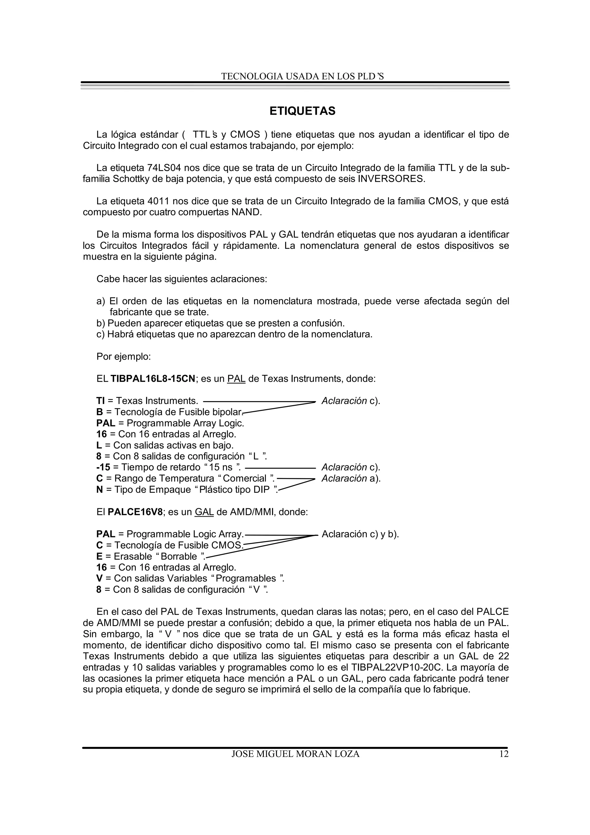 TECNOLOGIA USADA EN LOS PLD’S


                                             ETIQUETAS
   La lógica estándar ( TTL’ y CMOS ) tiene etiquetas que nos ayudan a identificar el tipo de
                               s
Circuito Integrado con el cual estamos trabajando, por ejemplo:

   La etiqueta 74LS04 nos dice que se trata de un Circuito Integrado de la familia TTL y de la sub-
familia Schottky de baja potencia, y que está compuesto de seis INVERSORES.

  La etiqueta 4011 nos dice que se trata de un Circuito Integrado de la familia CMOS, y que está
compuesto por cuatro compuertas NAND.

   De la misma forma los dispositivos PAL y GAL tendrán etiquetas que nos ayudaran a identificar
los Circuitos Integrados fácil y rápidamente. La nomenclatura general de estos dispositivos se
muestra en la siguiente página.

   Cabe hacer las siguientes aclaraciones:

   a) El orden de las etiquetas en la nomenclatura mostrada, puede verse afectada según del
      fabricante que se trate.
   b) Pueden aparecer etiquetas que se presten a confusión.
   c) Habrá etiquetas que no aparezcan dentro de la nomenclatura.

   Por ejemplo:

   EL TIBPAL16L8-15CN; es un PAL de Texas Instruments, donde:

   TI = Texas Instruments.                             Aclaración c).
   B = Tecnología de Fusible bipolar.
   PAL = Programmable Array Logic.
   16 = Con 16 entradas al Arreglo.
   L = Con salidas activas en bajo.
   8 = Con 8 salidas de configuración “L ”.
   -15 = Tiempo de retardo “15 ns ” .                  Aclaración c).
   C = Rango de Temperatura “Comercial ”    .          Aclaración a).
   N = Tipo de Empaque “Plástico tipo DIP ”   .

   El PALCE16V8; es un GAL de AMD/MMI, donde:

   PAL = Programmable Logic Array.                     Aclaración c) y b).
   C = Tecnología de Fusible CMOS.
   E = Erasable “Borrable ”.
   16 = Con 16 entradas al Arreglo.
   V = Con salidas Variables “Programables ”.
   8 = Con 8 salidas de configuración “V ”.

   En el caso del PAL de Texas Instruments, quedan claras las notas; pero, en el caso del PALCE
de AMD/MMI se puede prestar a confusión; debido a que, la primer etiqueta nos habla de un PAL.
Sin embargo, la “ V ” nos dice que se trata de un GAL y está es la forma más eficaz hasta el
momento, de identificar dicho dispositivo como tal. El mismo caso se presenta con el fabricante
Texas Instruments debido a que utiliza las siguientes etiquetas para describir a un GAL de 22
entradas y 10 salidas variables y programables como lo es el TIBPAL22VP10-20C. La mayoría de
las ocasiones la primer etiqueta hace mención a PAL o un GAL, pero cada fabricante podrá tener
su propia etiqueta, y donde de seguro se imprimirá el sello de la compañía que lo fabrique.




                                   JOSE MIGUEL MORAN LOZA                                       12
 