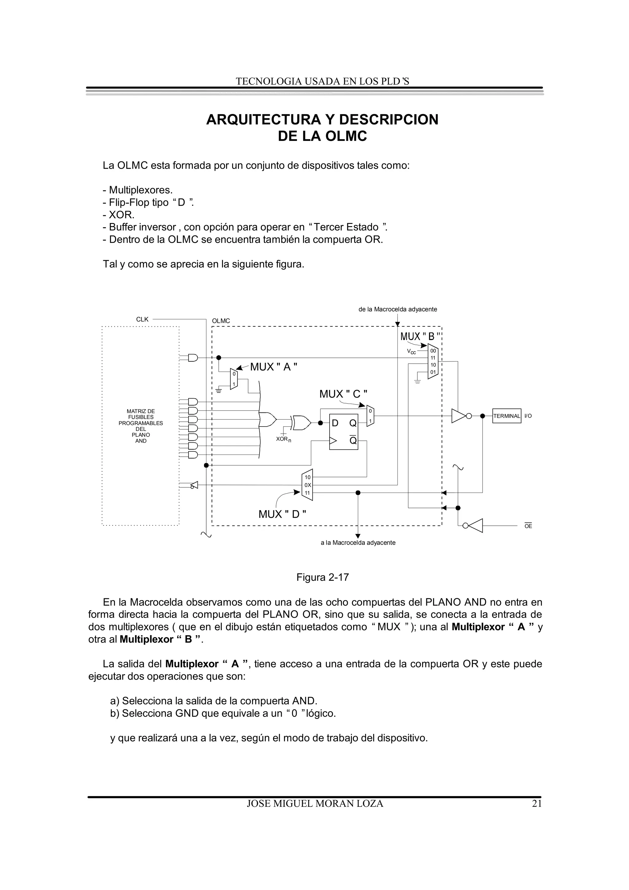 TECNOLOGIA USADA EN LOS PLD’S


                           ARQUITECTURA Y DESCRIPCION
                                   DE LA OLMC
   La OLMC esta formada por un conjunto de dispositivos tales como:

   - Multiplexores.
   - Flip-Flop tipo “D ”.
   - XOR.
   - Buffer inversor , con opción para operar en “Tercer Estado ”.
   - Dentro de la OLMC se encuentra también la compuerta OR.

   Tal y como se aprecia en la siguiente figura.



                                                                       de la Macrocelda adyacente
           CLK             OLMC




                  PTD                                                                 Vcc     00
                     n+0
                                                                                              11


                                  0
                                        MUX " A "                                             10
                                                                                              01

                                  1

                  PTD
                     n+1
                                                          MUX " C "
                  PTD
        MATRIZ DE    n+2                                                  0
         FUSIBLES PTD
                     n+3
                                                                                                    TERMINAL I/O
                                                                          1
      PROGRAMABLES
           DEL
                  PTD
                     n+4
                                                             D     Q
          PLANO   PTD
                     n+5
                                            XOR n
           AND    PTD
                     n+6
                                                                   Q
                  PTD
                     n+7




                                                     10
                                                     0X
                                                     11



                                         MUX " D "
                                                                                                             OE


                                                          a la Macrocelda adyacente




                                                    Figura 2-17

   En la Macrocelda observamos como una de las ocho compuertas del PLANO AND no entra en
forma directa hacia la compuerta del PLANO OR, sino que su salida, se conecta a la entrada de
dos multiplexores ( que en el dibujo están etiquetados como “MUX ”); una al Multiplexor “ A ” y
otra al Multiplexor “ B ”.

   La salida del Multiplexor “ A ”, tiene acceso a una entrada de la compuerta OR y este puede
ejecutar dos operaciones que son:

    a) Selecciona la salida de la compuerta AND.
    b) Selecciona GND que equivale a un “0 ”lógico.

    y que realizará una a la vez, según el modo de trabajo del dispositivo.




                                       JOSE MIGUEL MORAN LOZA                                                  21
 