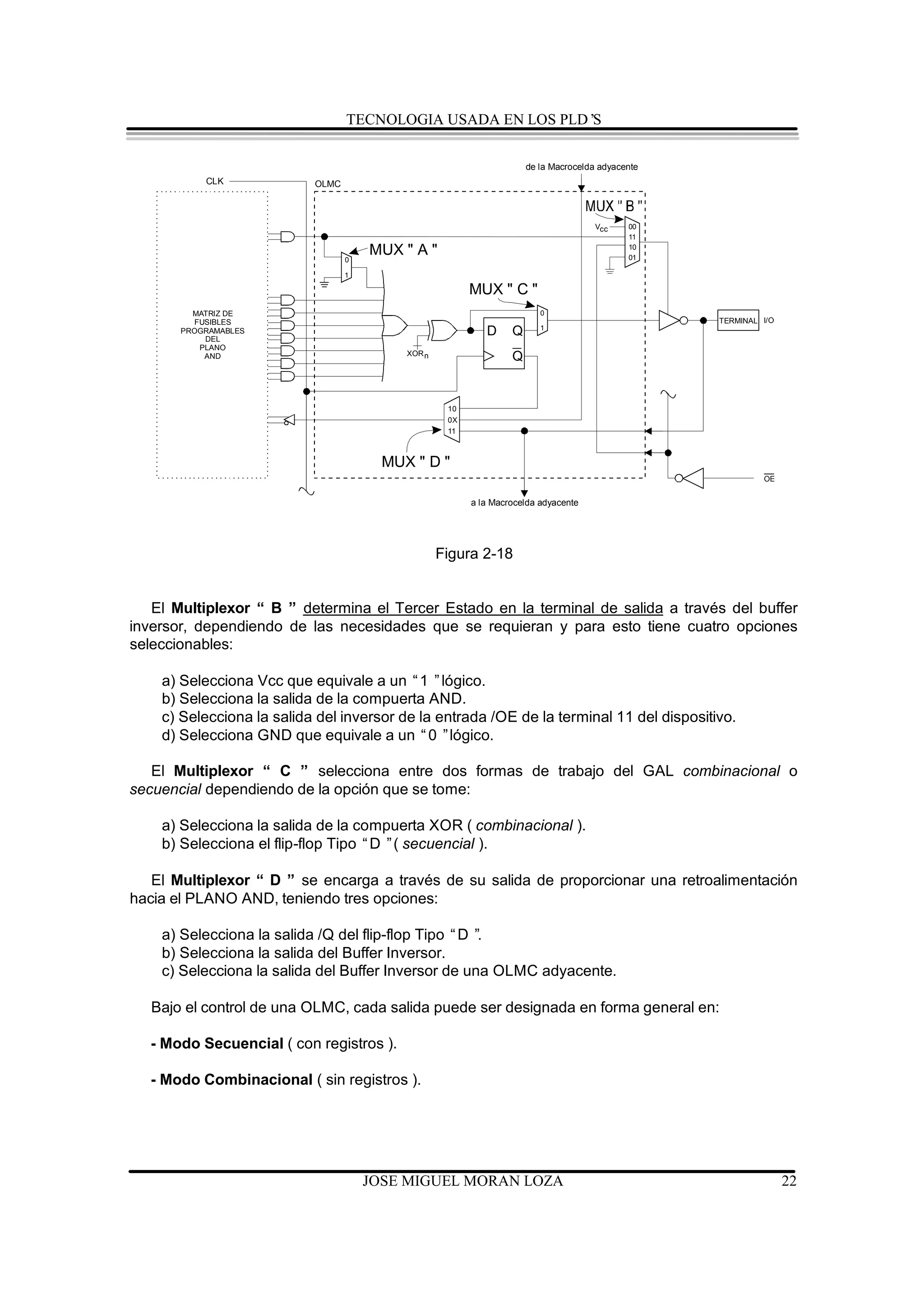 TECNOLOGIA USADA EN LOS PLD’S

                                                                       de la Macrocelda adyacente
            CLK              OLMC




                   PTD                                                                Vcc     00
                      n+0
                                                                                              11


                                    0
                                        MUX " A "                                             10
                                                                                              01

                                    1

                   PTD
                      n+1
                                                          MUX " C "
                   PTD
         MATRIZ DE    n+2                                                 0
         FUSIBLES PTDn + 3                                                                          TERMINAL I/O
                                                                          1
       PROGRAMABLES
           DEL
                   PTD
                      n+4
                                                             D     Q
          PLANO PTDn + 5
                                             XORn
           AND     PTD
                      n+6
                                                                   Q
                   PTD
                      n+7




                                                     10
                                                     0X
                                                     11



                                          MUX " D "
                                                                                                             OE


                                                          a la Macrocelda adyacente




                                                    Figura 2-18


   El Multiplexor “ B ” determina el Tercer Estado en la terminal de salida a través del buffer
inversor, dependiendo de las necesidades que se requieran y para esto tiene cuatro opciones
seleccionables:

    a) Selecciona Vcc que equivale a un “1 ”lógico.
    b) Selecciona la salida de la compuerta AND.
    c) Selecciona la salida del inversor de la entrada /OE de la terminal 11 del dispositivo.
    d) Selecciona GND que equivale a un “0 ”lógico.

   El Multiplexor “ C ” selecciona entre dos formas de trabajo del GAL combinacional o
secuencial dependiendo de la opción que se tome:

    a) Selecciona la salida de la compuerta XOR ( combinacional ).
    b) Selecciona el flip-flop Tipo “D ”( secuencial ).

   El Multiplexor “ D ” se encarga a través de su salida de proporcionar una retroalimentación
hacia el PLANO AND, teniendo tres opciones:

    a) Selecciona la salida /Q del flip-flop Tipo “D ”.
    b) Selecciona la salida del Buffer Inversor.
    c) Selecciona la salida del Buffer Inversor de una OLMC adyacente.

   Bajo el control de una OLMC, cada salida puede ser designada en forma general en:

   - Modo Secuencial ( con registros ).

   - Modo Combinacional ( sin registros ).




                                        JOSE MIGUEL MORAN LOZA                                                     22
 