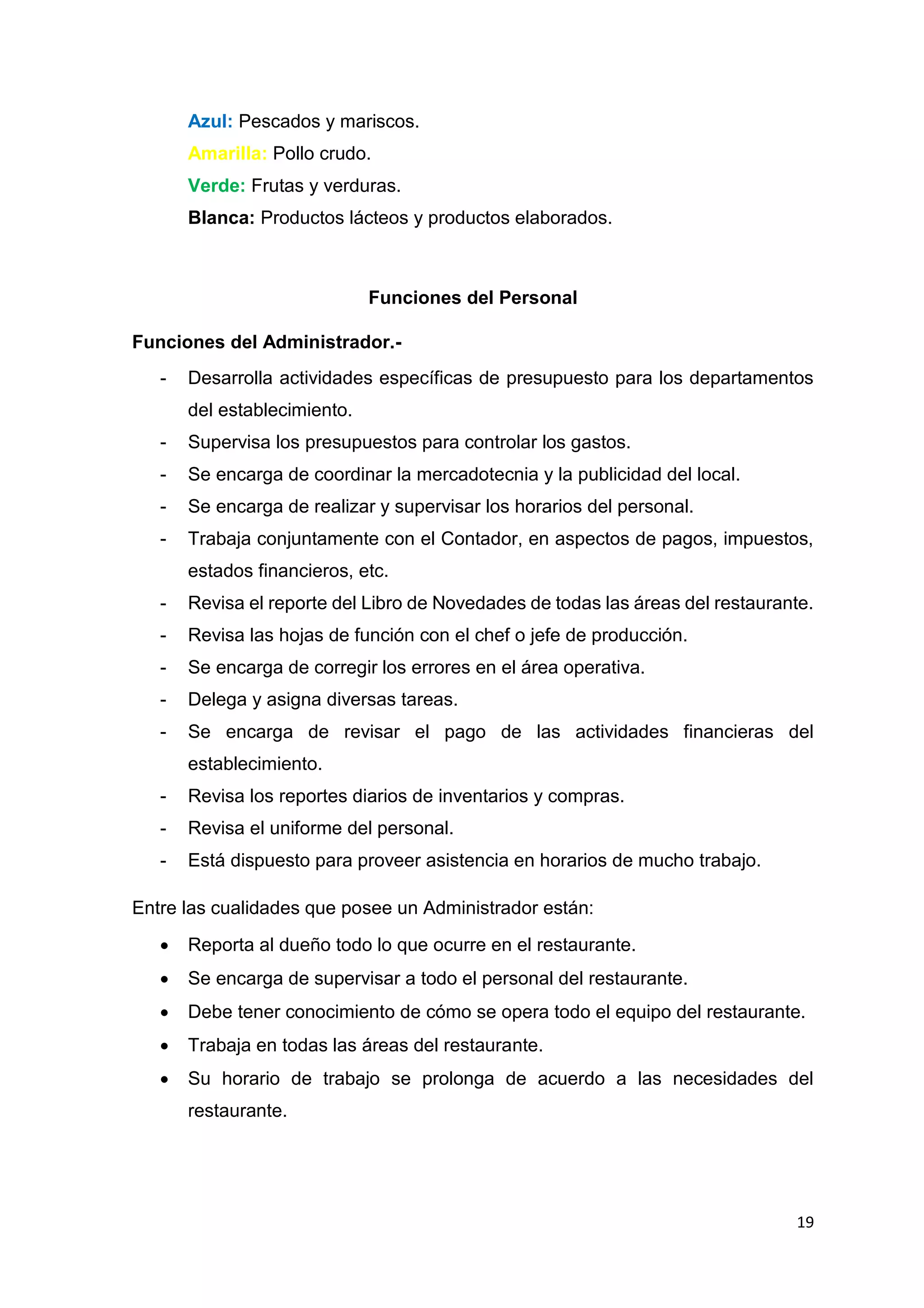 19
Azul: Pescados y mariscos.
Amarilla: Pollo crudo.
Verde: Frutas y verduras.
Blanca: Productos lácteos y productos elaborados.
Funciones del Personal
Funciones del Administrador.-
- Desarrolla actividades específicas de presupuesto para los departamentos
del establecimiento.
- Supervisa los presupuestos para controlar los gastos.
- Se encarga de coordinar la mercadotecnia y la publicidad del local.
- Se encarga de realizar y supervisar los horarios del personal.
- Trabaja conjuntamente con el Contador, en aspectos de pagos, impuestos,
estados financieros, etc.
- Revisa el reporte del Libro de Novedades de todas las áreas del restaurante.
- Revisa las hojas de función con el chef o jefe de producción.
- Se encarga de corregir los errores en el área operativa.
- Delega y asigna diversas tareas.
- Se encarga de revisar el pago de las actividades financieras del
establecimiento.
- Revisa los reportes diarios de inventarios y compras.
- Revisa el uniforme del personal.
- Está dispuesto para proveer asistencia en horarios de mucho trabajo.
Entre las cualidades que posee un Administrador están:
 Reporta al dueño todo lo que ocurre en el restaurante.
 Se encarga de supervisar a todo el personal del restaurante.
 Debe tener conocimiento de cómo se opera todo el equipo del restaurante.
 Trabaja en todas las áreas del restaurante.
 Su horario de trabajo se prolonga de acuerdo a las necesidades del
restaurante.
 