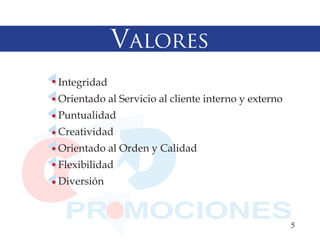 Valores
Integridad
Orientado al Servicio al cliente interno y externo
Puntualidad
Creatividad
Orientado al Orden y Calidad
Flexibilidad
Diversión



                                                     5
 