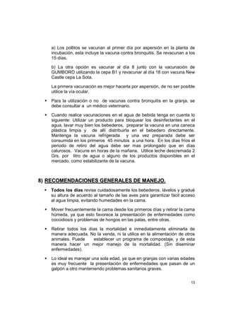 13
a) Los pollitos se vacunan al primer día por aspersión en la planta de
incubación, esta incluye la vacuna contra bronquitis. Se revacunan a los
15 días.
b) La otra opción es vacunar al día 8 junto con la vacunación de
GUMBORO utilizando la cepa B1 y revacunar al día 18 con vacuna New
Castle cepa La Sota.
La primera vacunación es mejor hacerla por aspersión, de no ser posible
utilice la vía ocular.
Para la utilización o no de vacunas contra bronquitis en la granja, se
debe consultar a un médico veterinario.
Cuando realice vacunaciones en el agua de bebida tenga en cuenta lo
siguiente: Utilizar un producto para bloquear los desinfectantes en el
agua, lavar muy bien los bebederos, preparar la vacuna en una caneca
plástica limpia y de allí distribuirla en el bebedero directamente.
Mantenga la vacuna refrigerada y una vez preparada debe ser
consumida en los primeros 45 minutos a una hora. En los días fríos el
periodo de retiro del agua debe ser mas prolongado que en días
calurosos. Vacune en horas de la mañana. Utilice leche descremada 2
Grs. por litro de agua o alguno de los productos disponibles en el
mercado, como estabilizante de la vacuna.
88)) RREECCOOMMEENNDDAACCIIOONNEESS GGEENNEERRAALLEESS DDEE MMAANNEEJJOO..
Todos los días revise cuidadosamente los bebederos, lávelos y gradué
su altura de acuerdo al tamaño de las aves para garantizar fácil acceso
al agua limpia, evitando humedades en la cama.
Mover frecuentemente la cama desde los primeros días y retirar la cama
húmeda, ya que esto favorece la presentación de enfermedades como
coccidiosis y problemas de hongos en las patas, entre otras.
Retirar todos los días la mortalidad e inmediatamente eliminarla de
manera adecuada. No la venda, ni la utilice en la alimentación de otros
animales. Puede establecer un programa de compostaje, y de esta
manera hacer un mejor manejo de la mortalidad. (Sin diseminar
enfermedades).
Lo ideal es manejar una sola edad, ya que en granjas con varias edades
es muy frecuente la presentación de enfermedades que pasan de un
galpón a otro manteniendo problemas sanitarios graves.
 