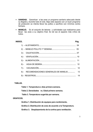 3
SSAANNIIDDAADD.. Garantizar a las aves un programa sanitario adecuado desde
su llegada y durante todo el ciclo. Bajo este aspecto con un buen programa
de protección se intenta llevar los pollos a sacrificio con mínimos contra
tiempos.
MMAANNEEJJOO.. Es el conjunto de labores y actividades que realizamos para
llevar las aves a su objetivo final. Es tal vez el aspecto más crítico de
todos.
IINNDDIICCEE.. PPáágg..
1) – ALISTAMIENTO......................................................................... 04
2) - MANEJO POLLITO 1ª SEMANA.............................................. 05
3) - CALEFACCIÓN.......................................................................... 07
4) - VENTILACIÓN............................................................................ 10
5) - ALIMENTACIÓN........................................................................ 11
6) - AGUA DE BEBIDA................................................................... 12
7) - VACUNACIÓN......................................................................... 12
8) - RECOMENDACIONES GENERALES DE MANEJO.............. 13
9) - REGISTROS............................................................................... 14
TABLAS.
Tabla 1. Temperatura x días primera semana.
Tabla 2. Densidades vs. Edad primera semana.
Tabla 3. Temperatura sugerida por semana.
GRAFICOS.
Grafico 1. Distribución de equipos para recibimiento.
Grafico 2. Distribución de aves de acuerdo a la Temperatura.
Grafico 3. Desplazamiento de la cortina para ventilación.
 