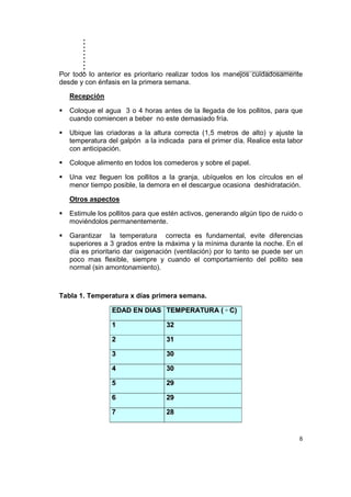 ..........
6
Por todo lo anterior es prioritario realizar todos los manejos cuidadosamente
desde y con énfasis en la primera semana.
Recepción
Coloque el agua 3 o 4 horas antes de la llegada de los pollitos, para que
cuando comiencen a beber no este demasiado fría.
Ubique las criadoras a la altura correcta (1,5 metros de alto) y ajuste la
temperatura del galpón a la indicada para el primer día. Realice esta labor
con anticipación.
Coloque alimento en todos los comederos y sobre el papel.
Una vez lleguen los pollitos a la granja, ubíquelos en los círculos en el
menor tiempo posible, la demora en el descargue ocasiona deshidratación.
Otros aspectos
Estimule los pollitos para que estén activos, generando algún tipo de ruido o
moviéndolos permanentemente.
Garantizar la temperatura correcta es fundamental, evite diferencias
superiores a 3 grados entre la máxima y la mínima durante la noche. En el
día es prioritario dar oxigenación (ventilación) por lo tanto se puede ser un
poco mas flexible, siempre y cuando el comportamiento del pollito sea
normal (sin amontonamiento).
Tabla 1. Temperatura x días primera semana.
EEDDAADD EENN DDIIAASS TTEEMMPPEERRAATTUURRAA (( ◦◦ CC))
11 3322
22 3311
33 3300
44 3300
55 2299
66 2299
77 2288
 